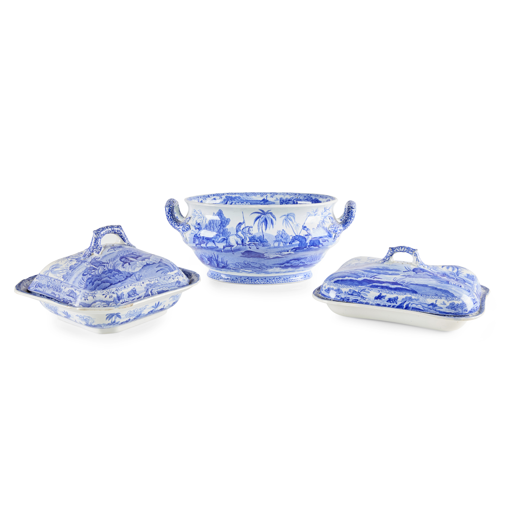 TWO SPODE BLUE AND WHITE PRINTED VEGETABLE TUREENS WITH COVERS AND A SOUP TUREEN FROM 'THE INDIAN SPORTING SERIES'