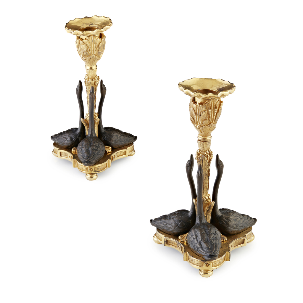 PAIR OF PATINATED AND GILT BRONZE CANDLESTICKS, AFTER WILLIAM BATEMEN II FOR RUNDELL, BRIDGE AND RUNDELL