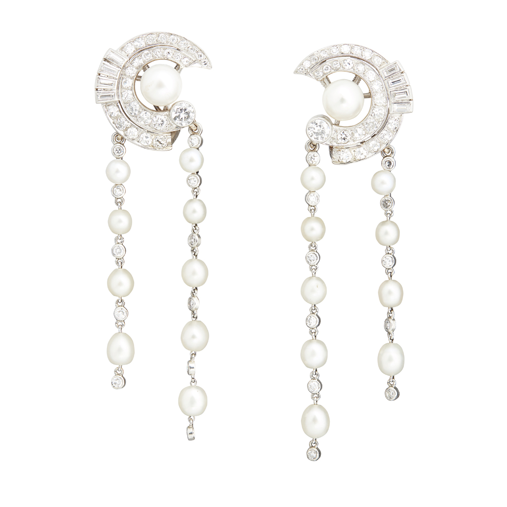 A pair of late 1940s diamond and pearl 'night-and-day' ear-clips