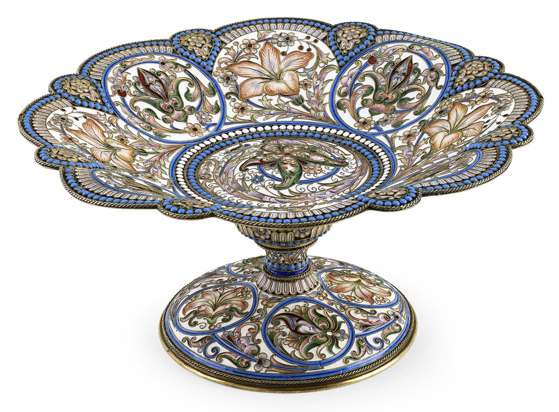 A Russian silver-gilt and shaded cloisonné enamel tazza