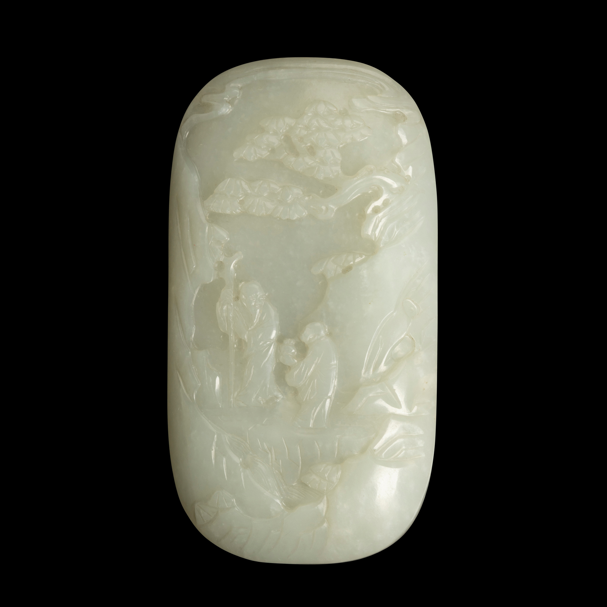 PALE CELADON CARVED 'IMMORTAL' OVAL JADE PLAQUE