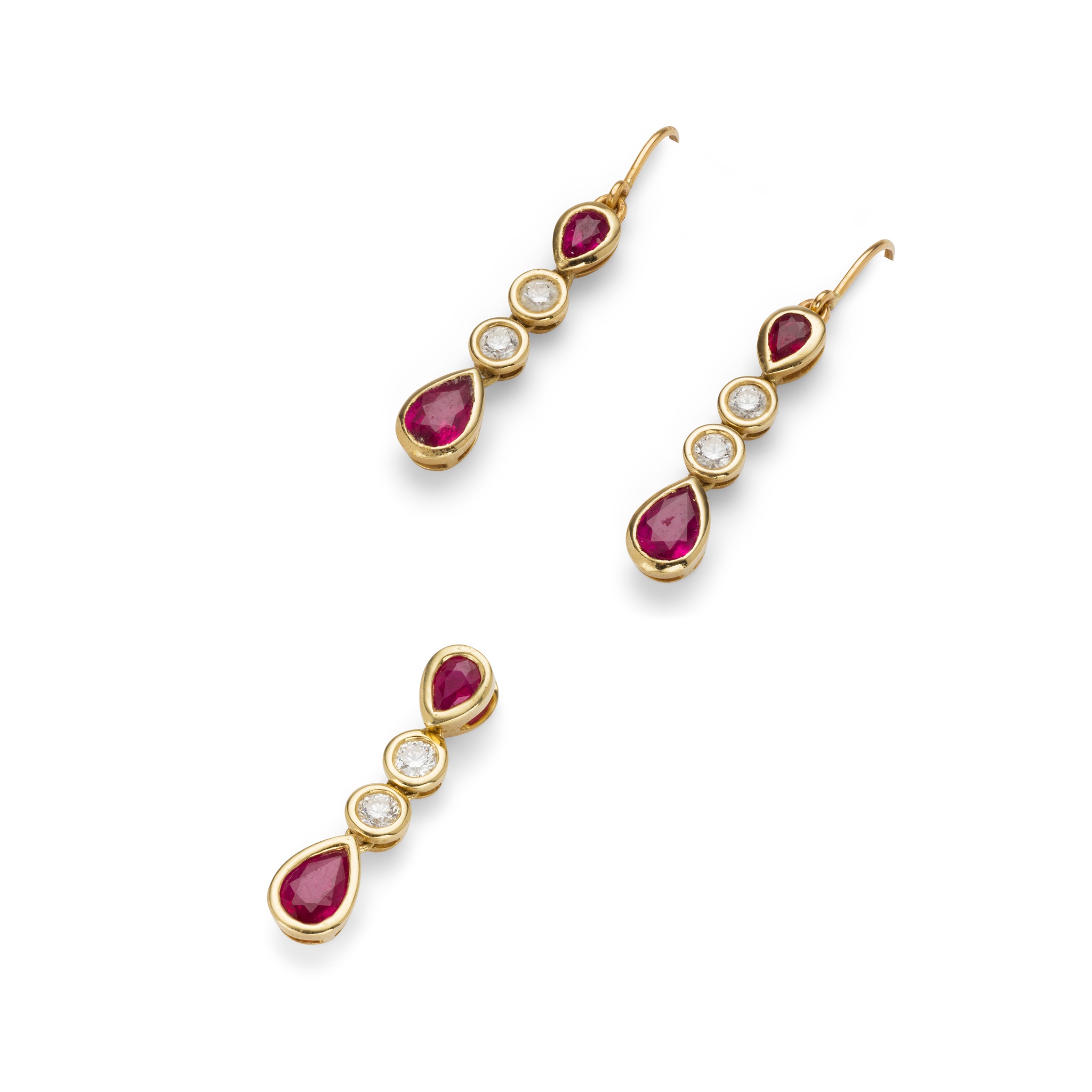 A pair of ruby and diamond earrings and matching pendant