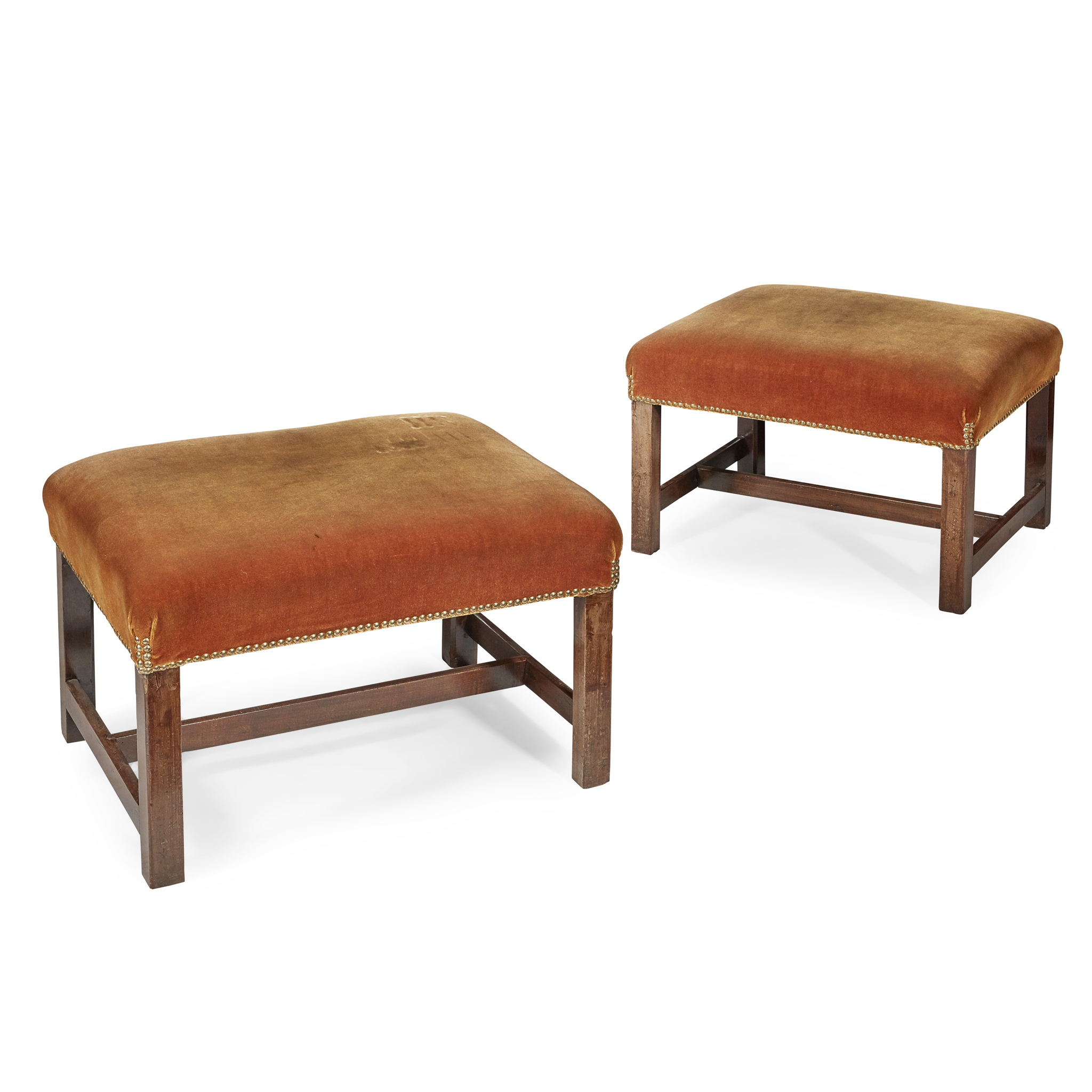 PAIR OF GEORGIAN MAHOGANY FRAMED UPHOLSTERED STOOLS