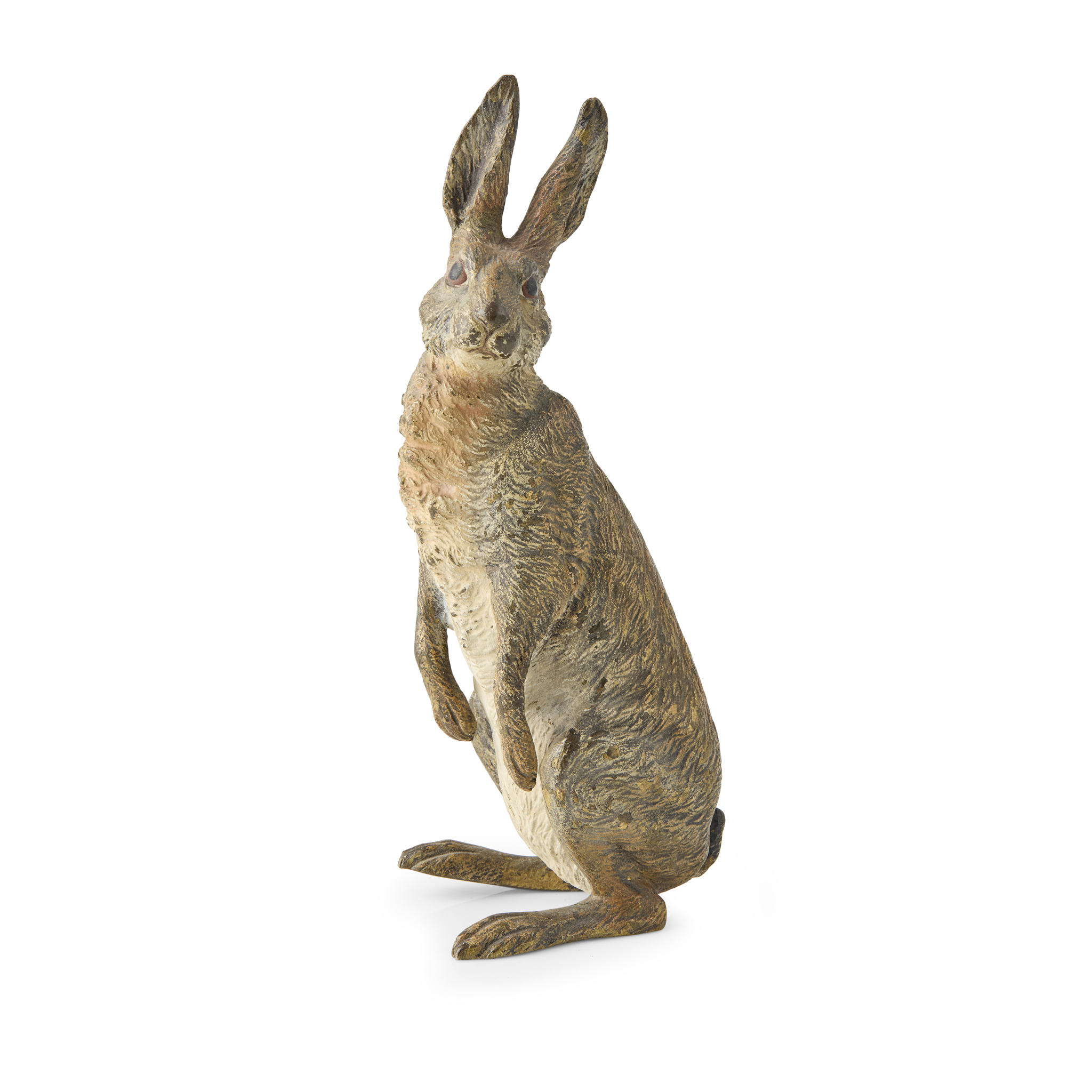 AUSTRIAN COLD PAINTED BRONZE FIGURE OF A HARE, BY FRANZ XAVER BERGMAN (AUSTRIAN 1861-1936)