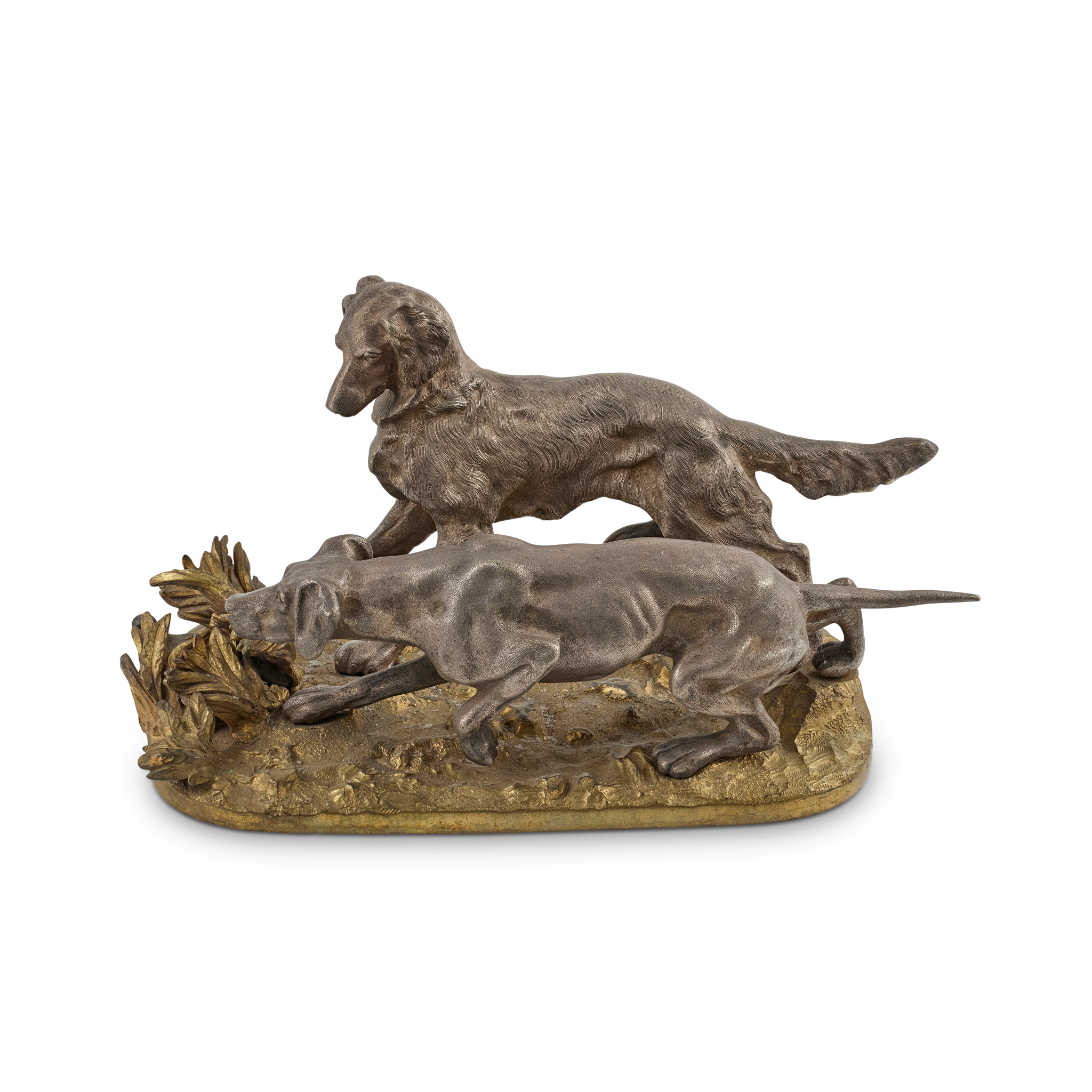 GILT AND SILVERED BRONZE ANIMALIER FIGURE GROUP, AFTER PIERRE JULES MENE (FRENCH 1810-1879)