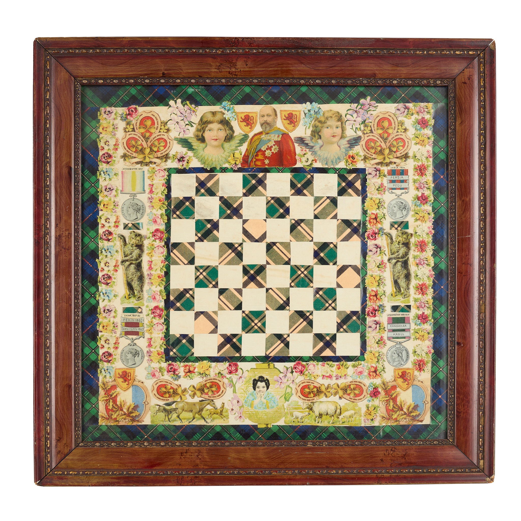AN EDWARDIAN SCRAPWORK CHESS BOARD PANEL