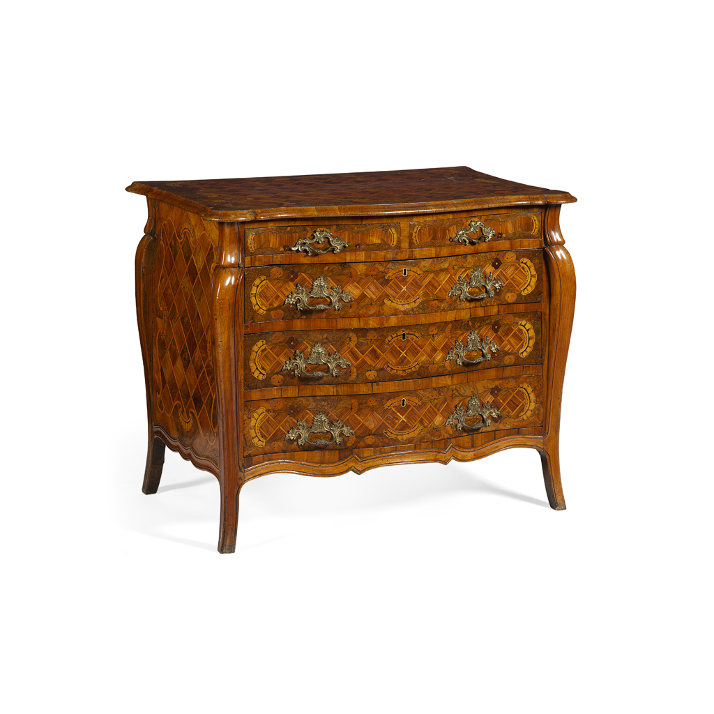 GERMAN WALNUT, BURRWOOD AND FRUITWOOD SERPENTINE PARQUETRY AND MARQUETRY COMMODE