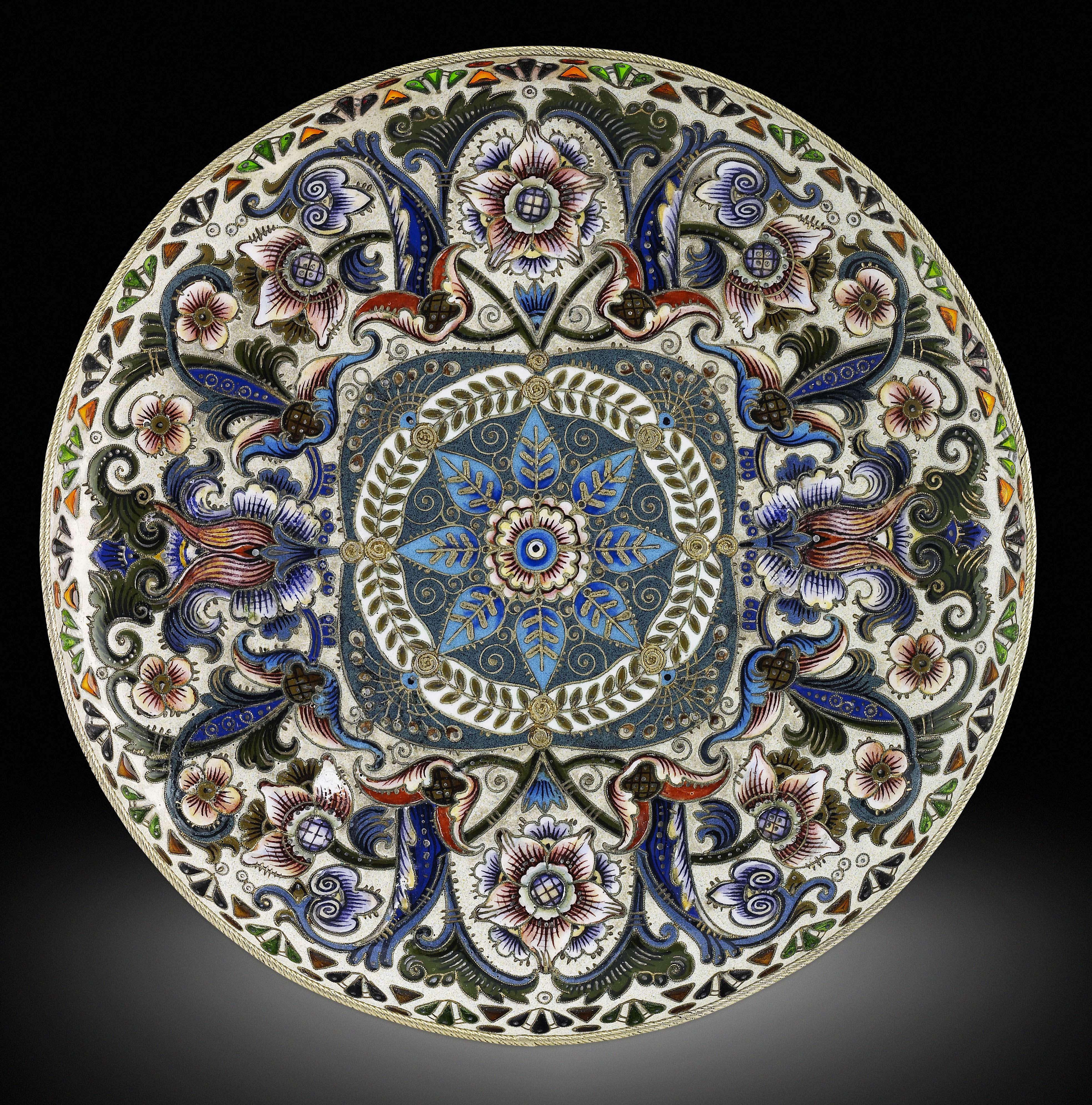 A Russian silver-gilt, plique-à-jour and cloisonné enamel tazza