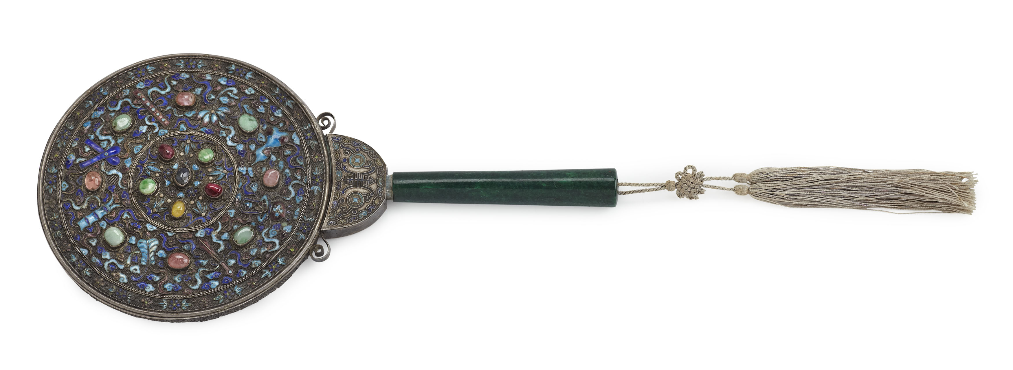 CHINESE SILVER, ENAMEL AND STONE STONE MOUNTED HAND MIRROR