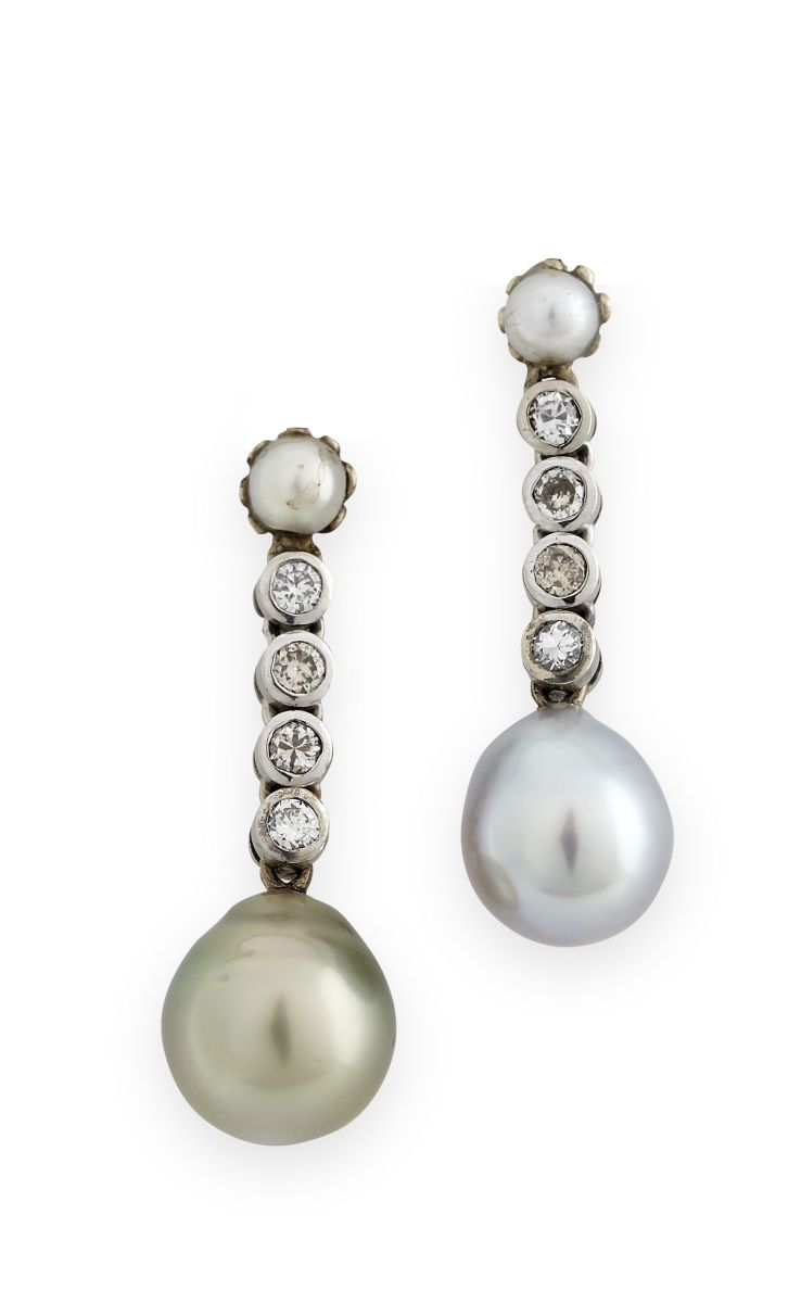 A pair of harlequin cultured pearl and diamond set pendant earrings