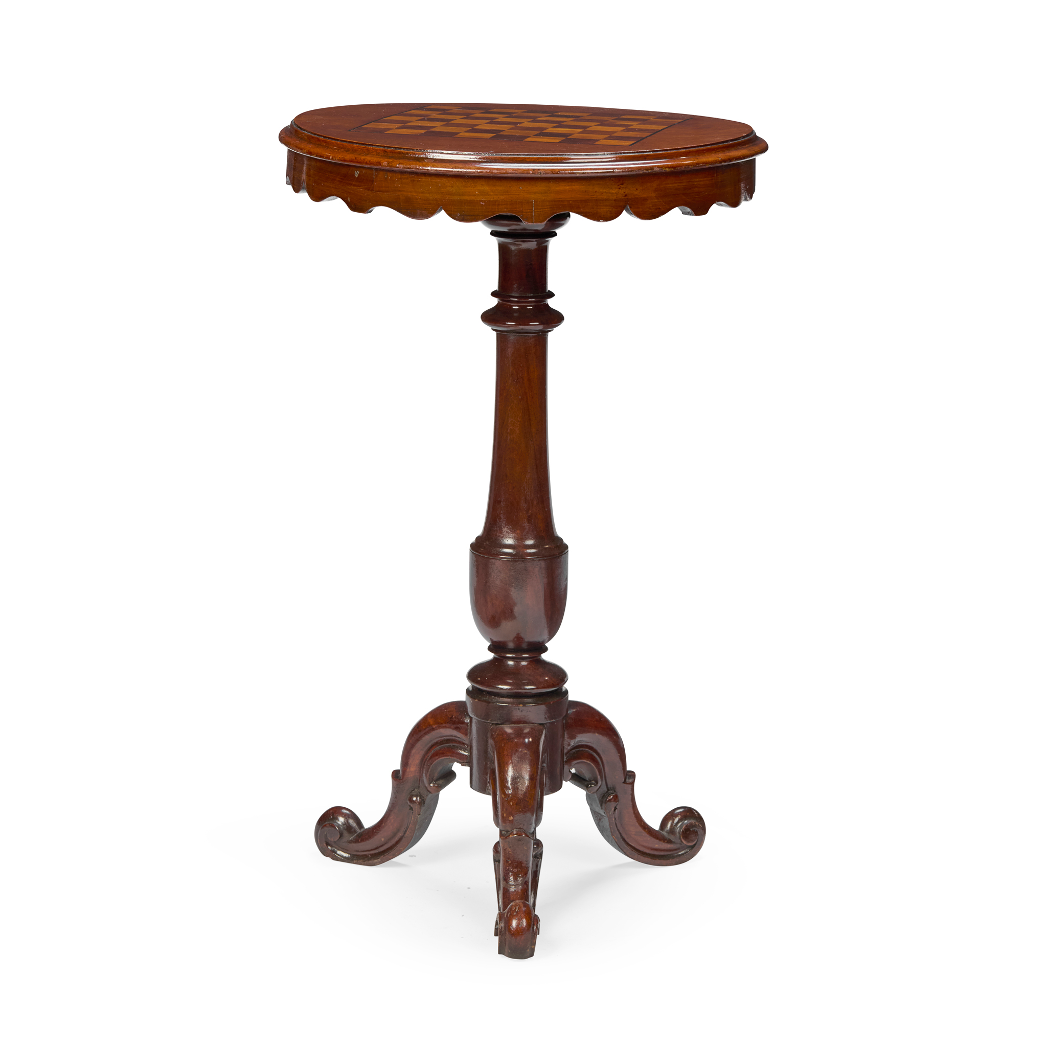 VICTORIAN WALNUT, ROSEWOOD AND SATINWOOD PEDESTAL GAMES TABLE