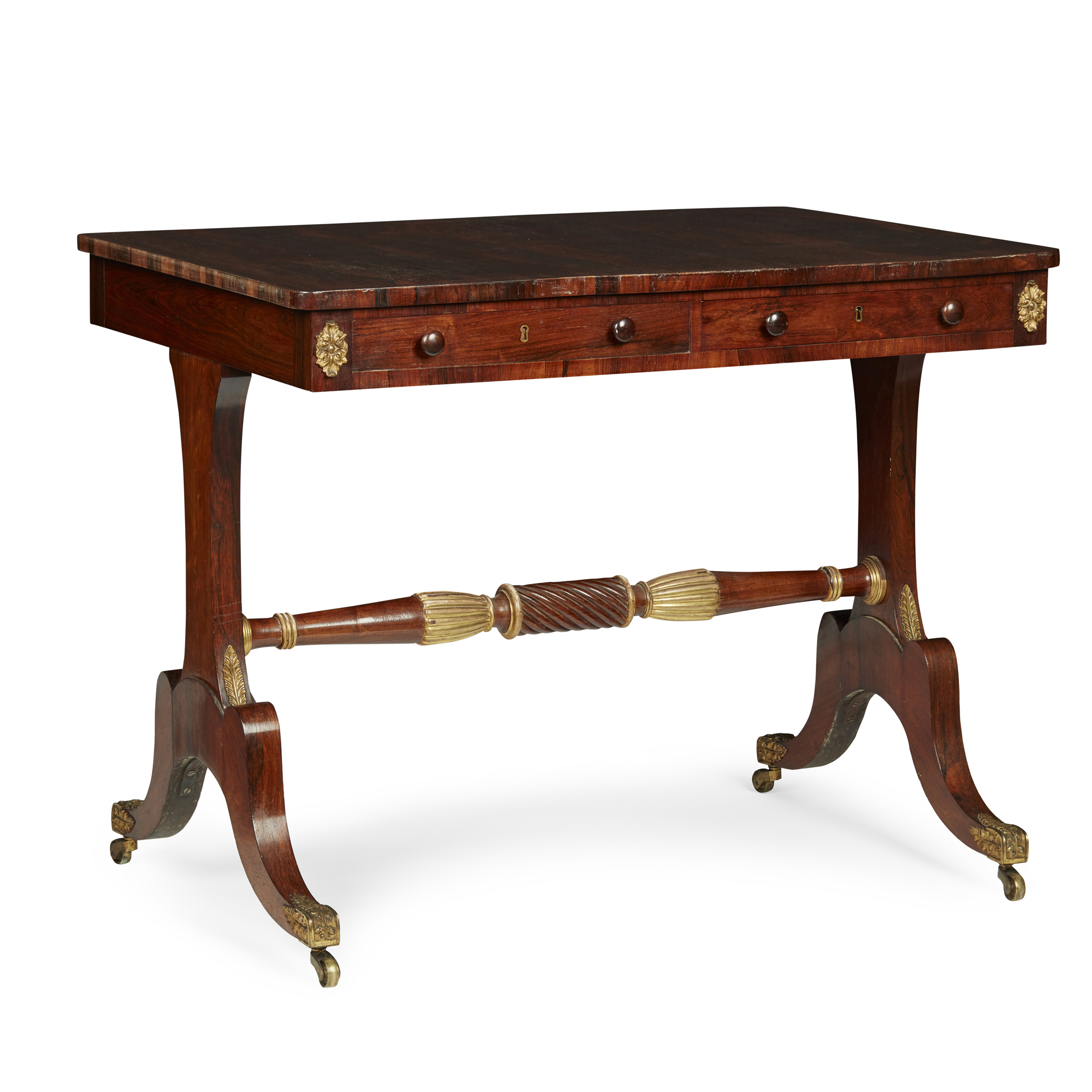 GEORGE IV ROSEWOOD, PARCEL-GILT, AND GILT METAL MOUNTED SOFA TABLE