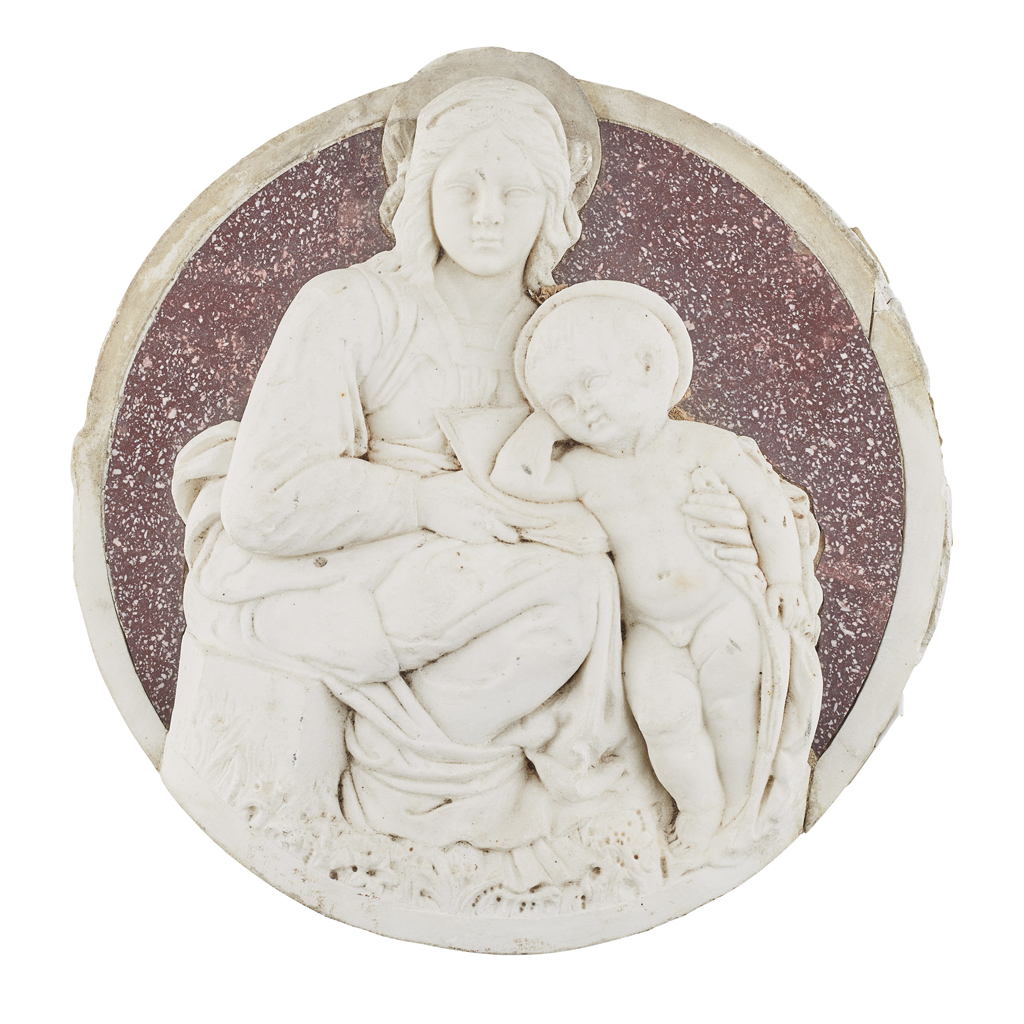 ITALIAN WHITE MARBLE AND PORPHYRY ROUNDEL OF THE MADONNA AND CHILD