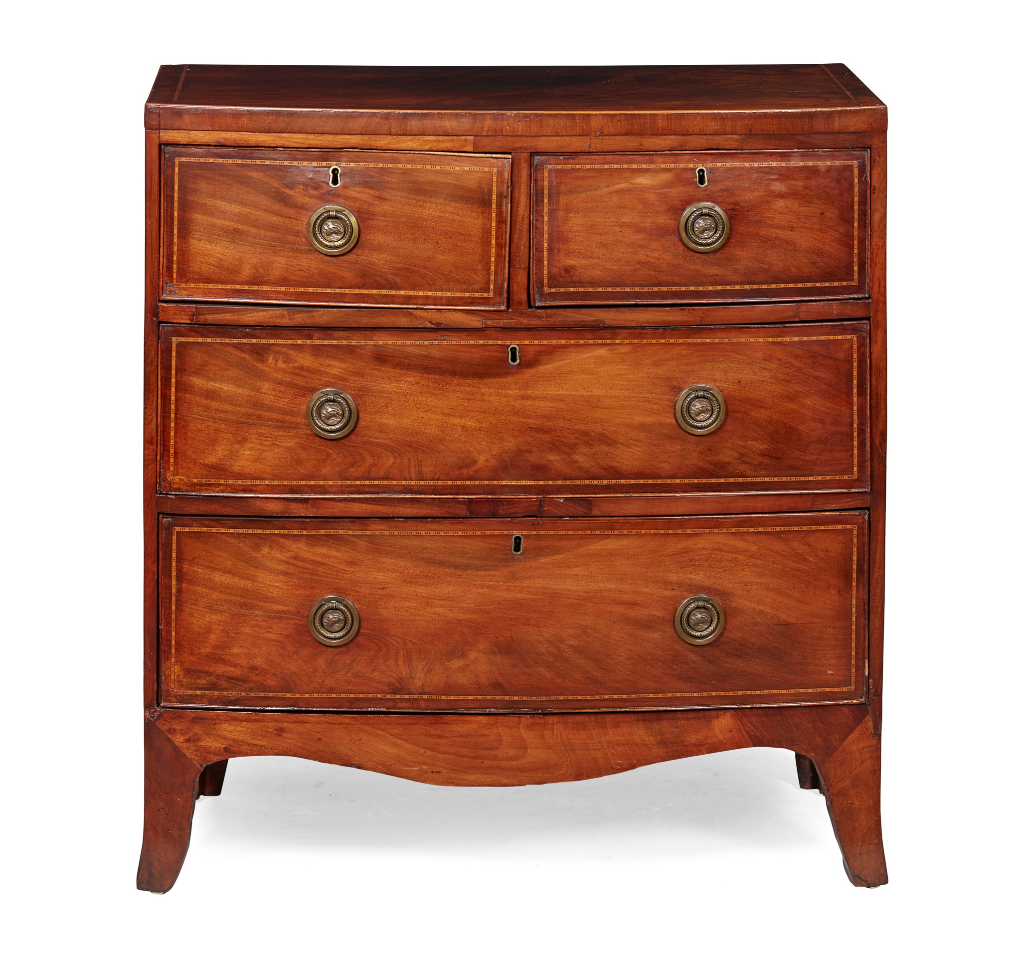 REGENCY MAHOGANY CHEQUER BANDED BOWFRONT CHEST OF DRAWERS
