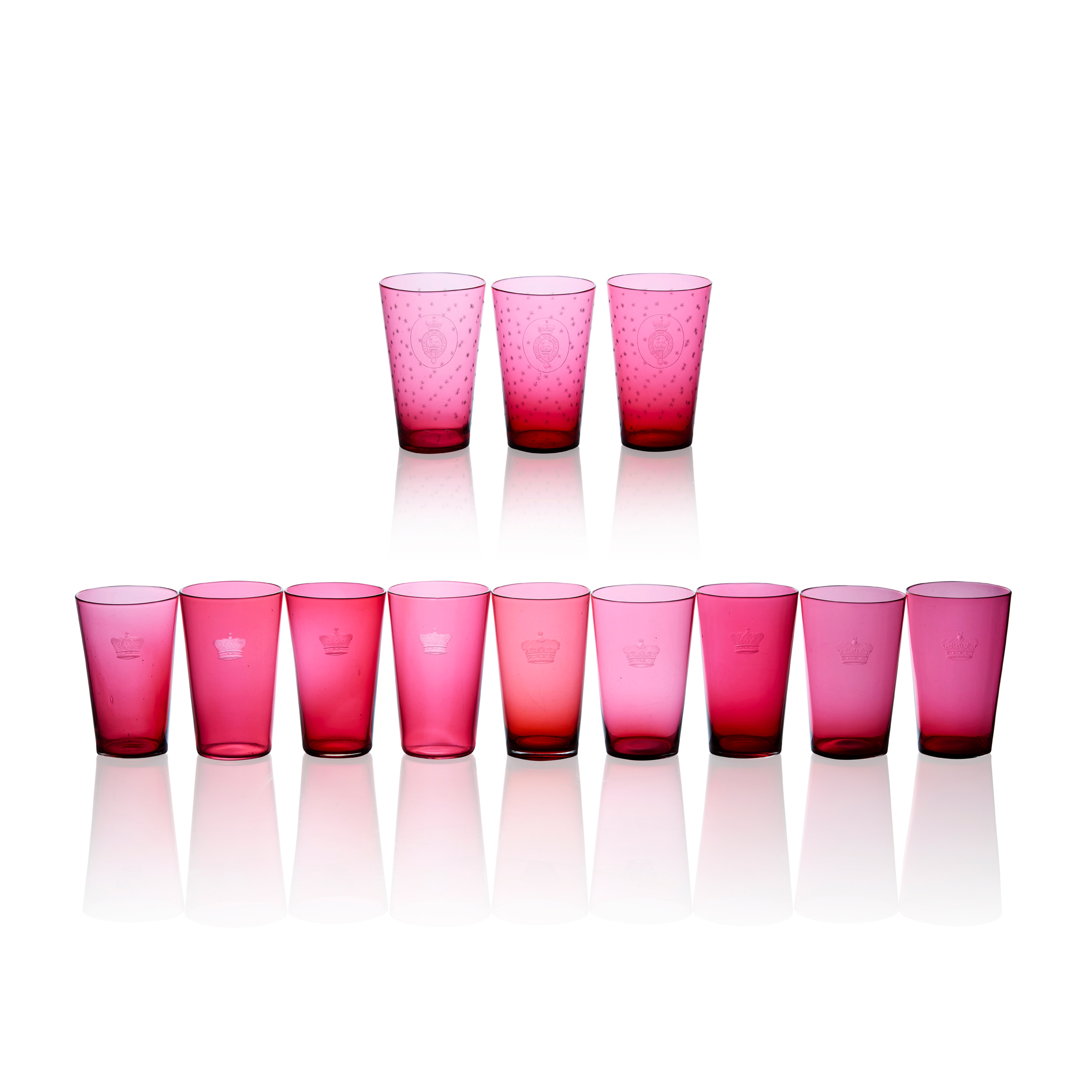 TWELVE ENGRAVED CRANBERRY GLASS TUMBLERS OF ROYAL / QUEEN VICTORIA INTEREST