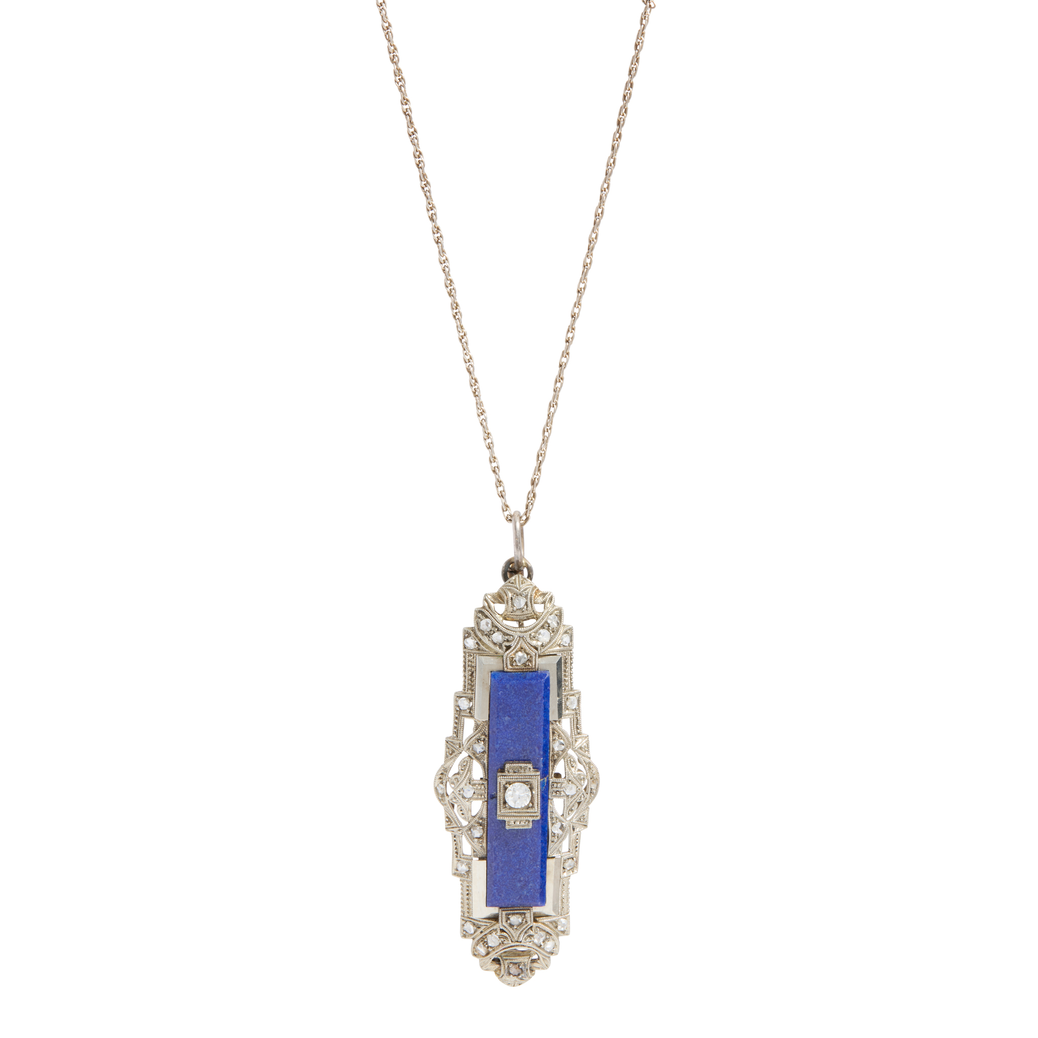 An Art Deco lapis lazuli and diamond pendant necklace