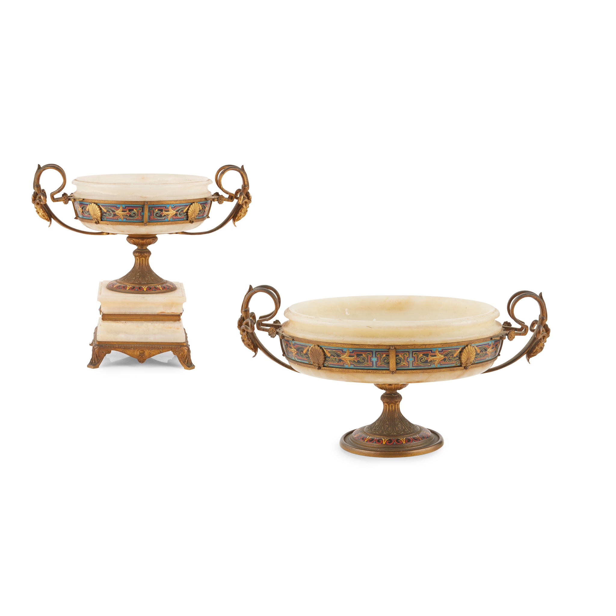 TWO FRENCH ALABASTER, CHAMPLEVÉ ENAMEL AND GILT BRONZE TAZZAS