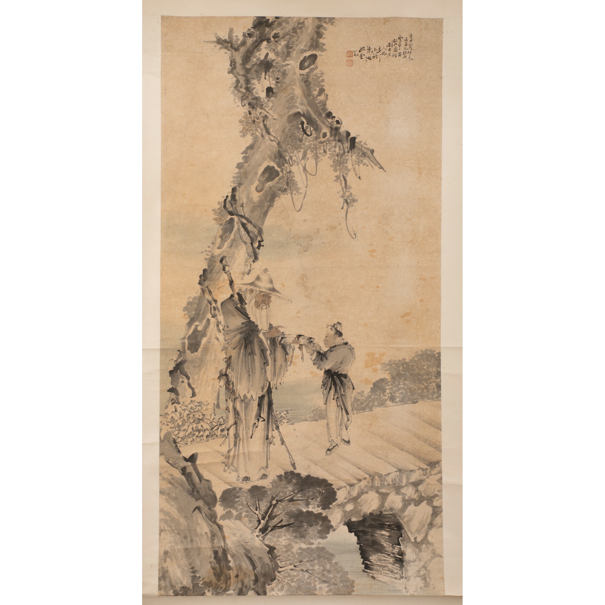 INK SCROLL PAINTING OF A LEARNED AND A BOY