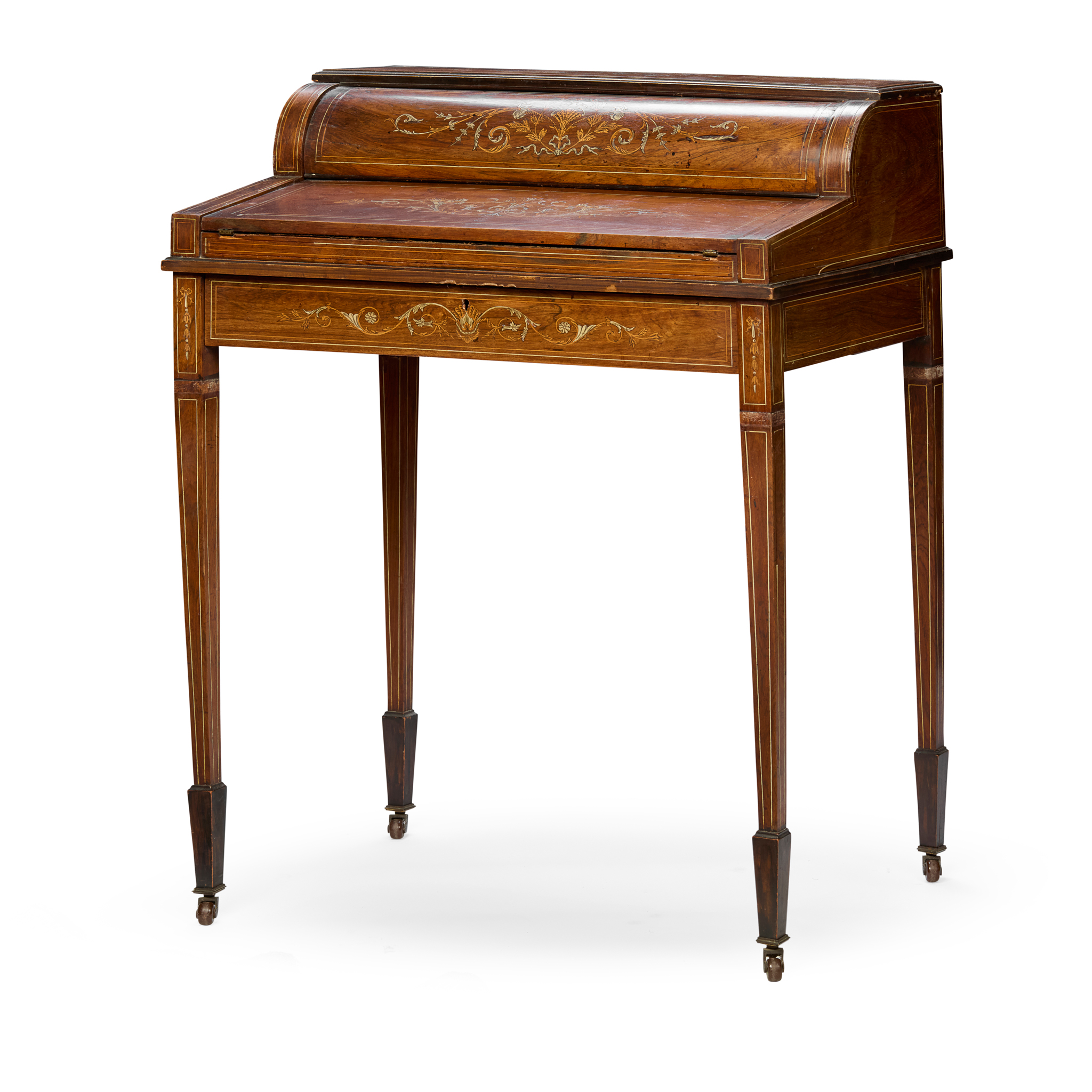 LATE VICTORIAN ROSEWOOD, MARQUETRY, AND IVORY INLAID BONHEUR DU JOUR