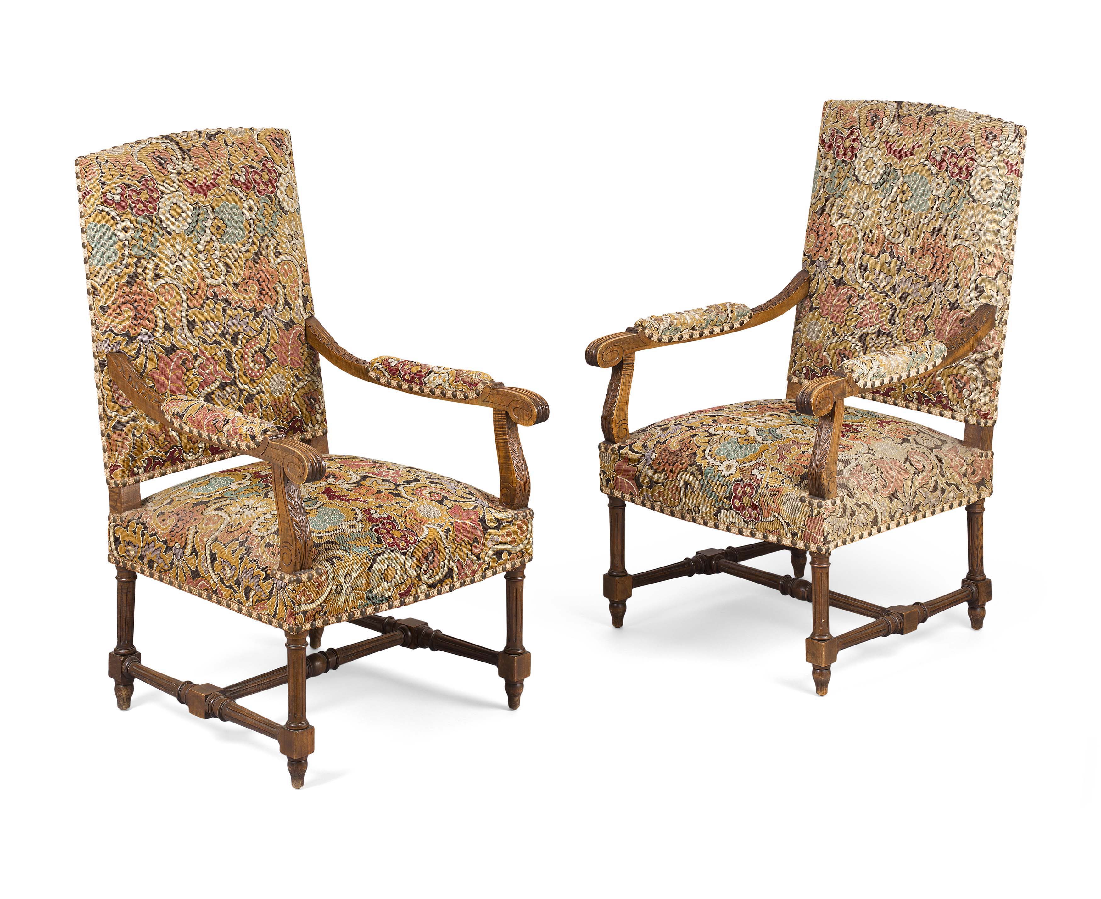PAIR OF FRENCH NEEDLEWORK UPHOLSTERED BEECH ARMCHAIRS