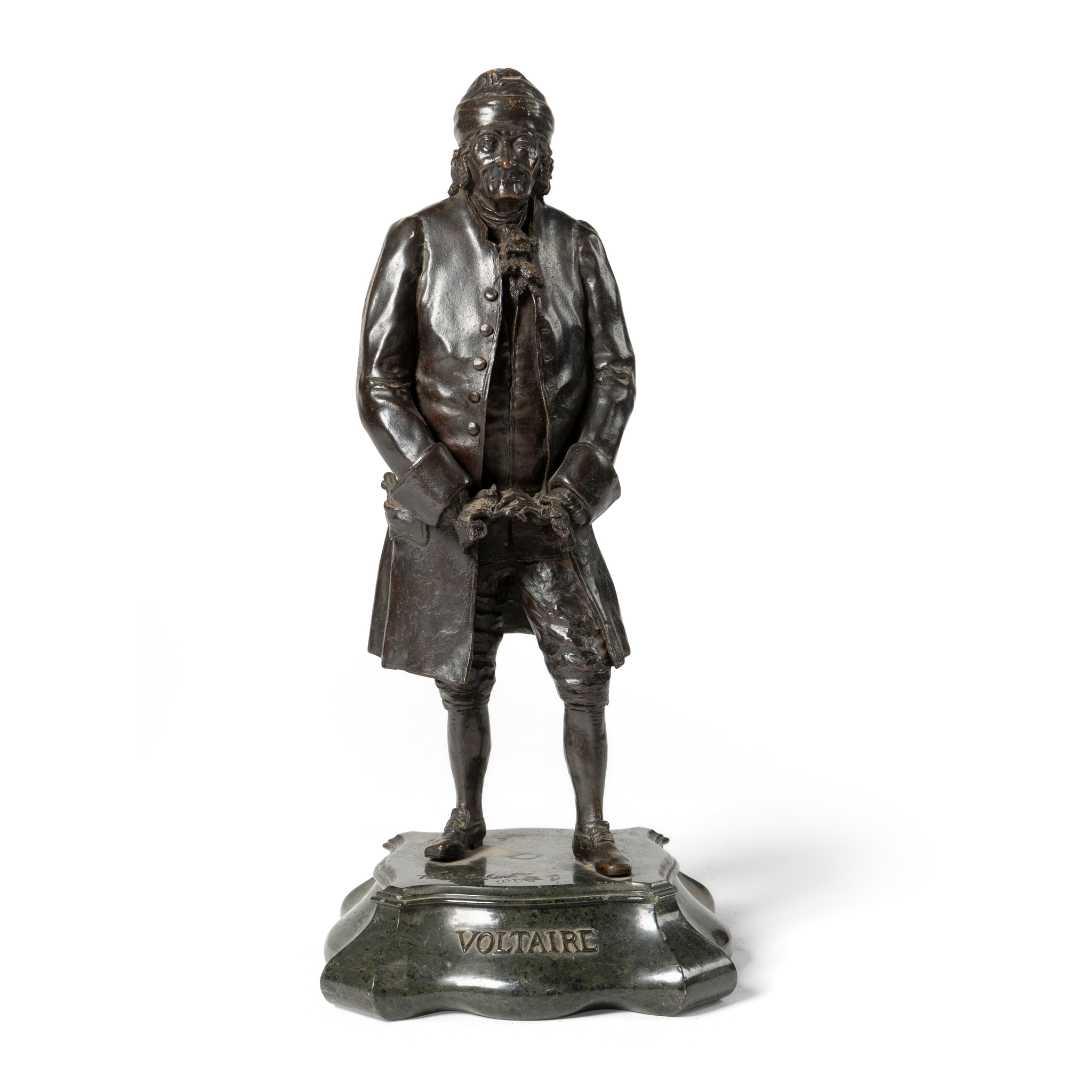 A BRONZE FIGURE OF VOLTAIRE, FELIX JOUBERT (BRITISH 1872-1953)
