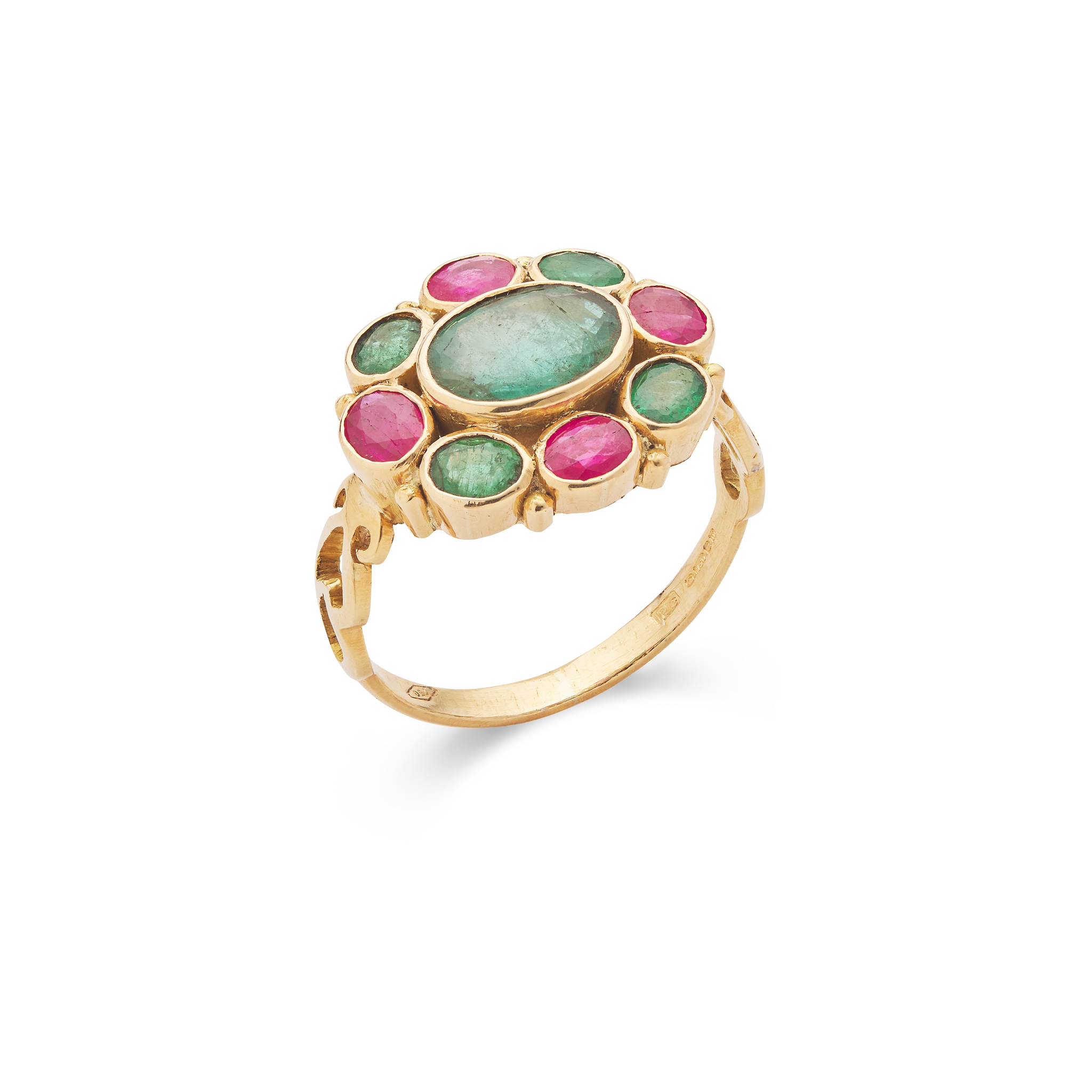 A ruby and emerald cluster ring
