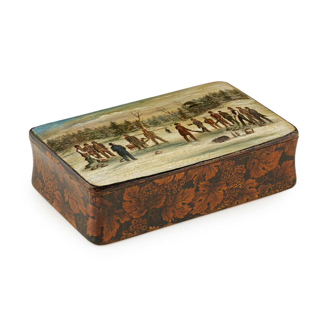 A MAUCHLINE WARE PENWORK SNUFF BOX - OF CURLING INTEREST