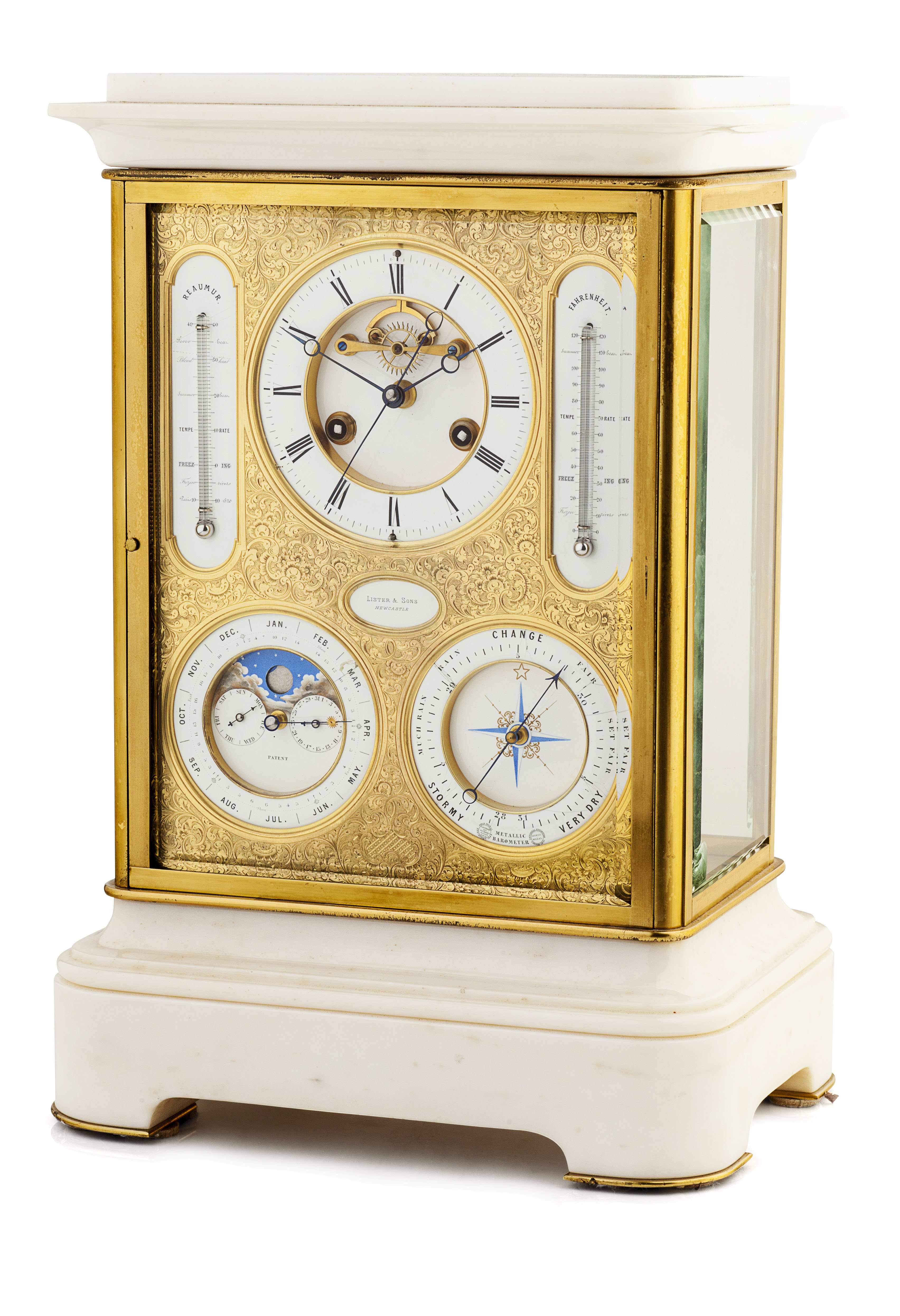 FINE AND LARGE FRENCH WHITE MARBLE AND FOUR GLASS CALENDAR MANTEL CLOCK WITH BAROMETER AND THERMOMETER