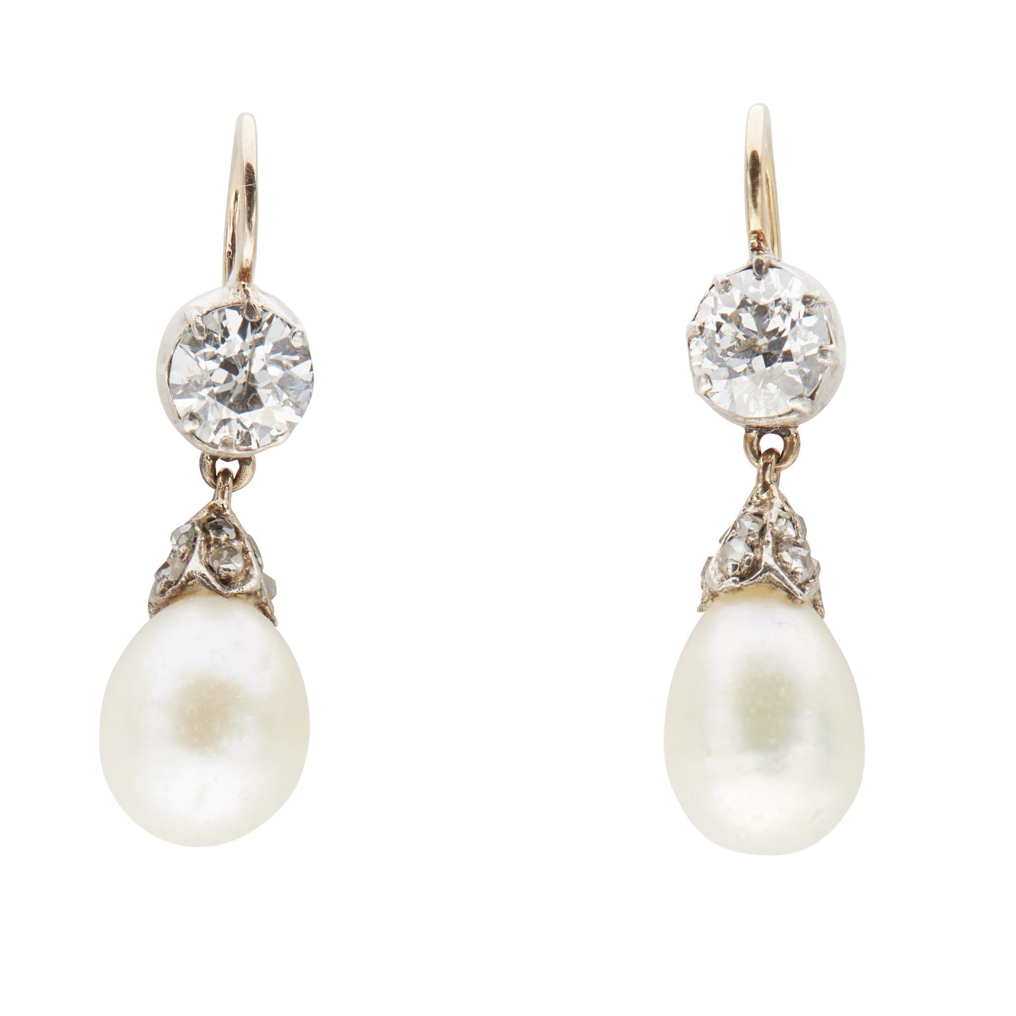 A pair of diamond and natural pearl set pendant earrings