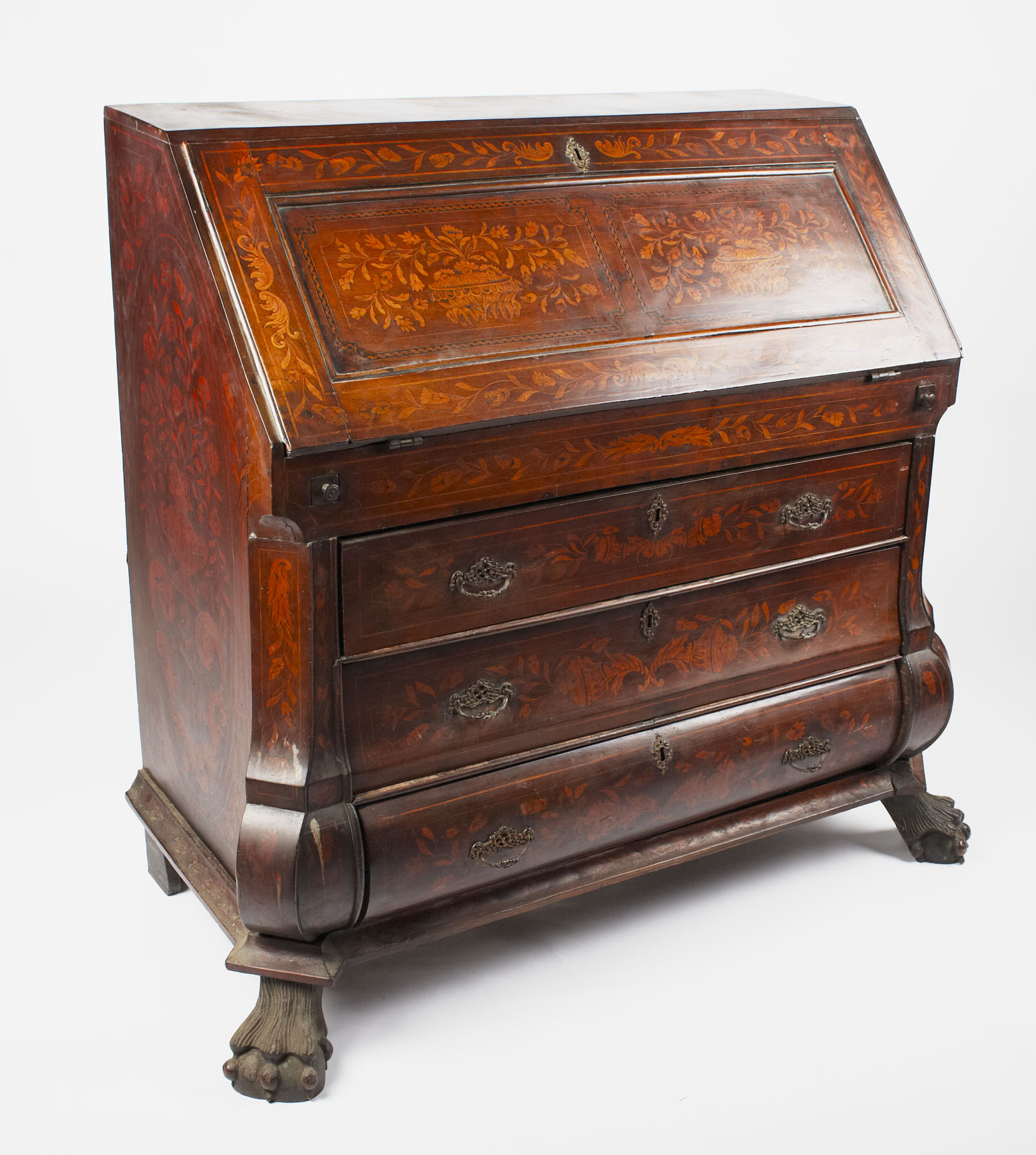 DUTCH WALNUT AND MARQUETRY BOMBE BUREAU