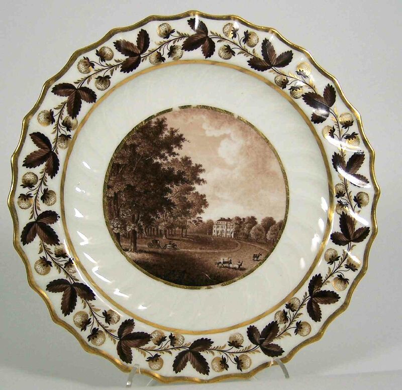 A Flight & Barr circular scalloped topographical fruit plate depicting Gidea Hall, Essex, circa 1795