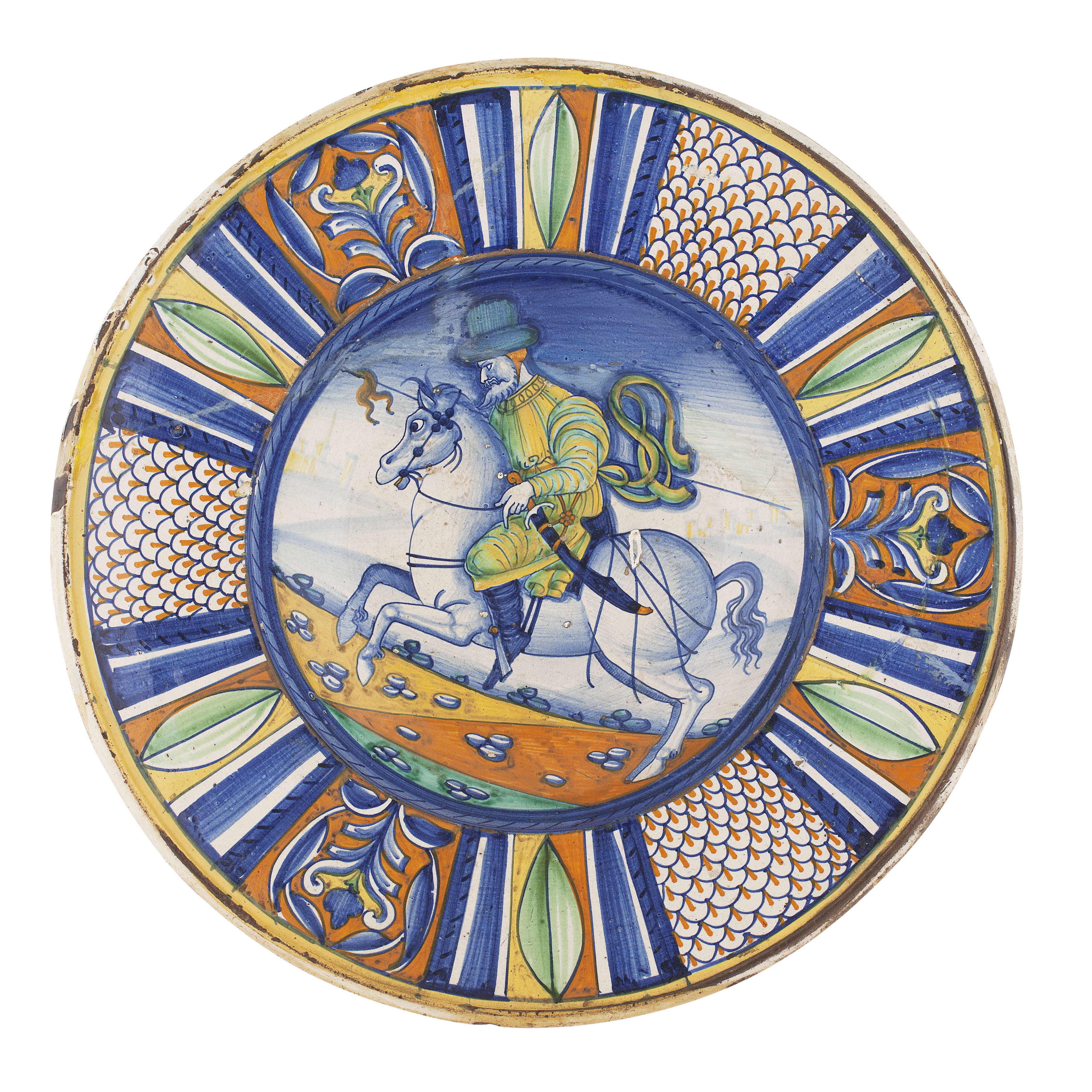 ITALIAN MAIOLICA 'GALLOPING HORSEMAN' DISH