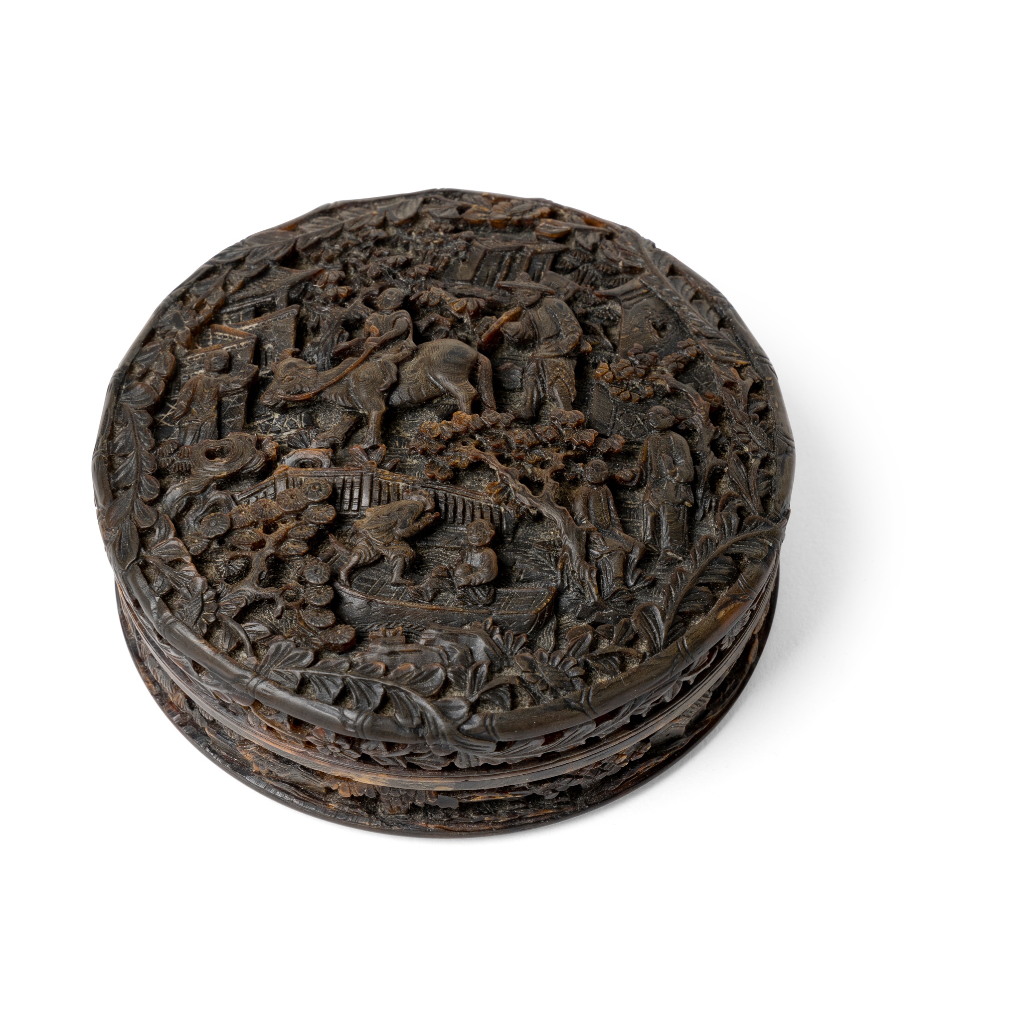 CARVED TORTOISESHELL CIRCULAR BOX AND COVER