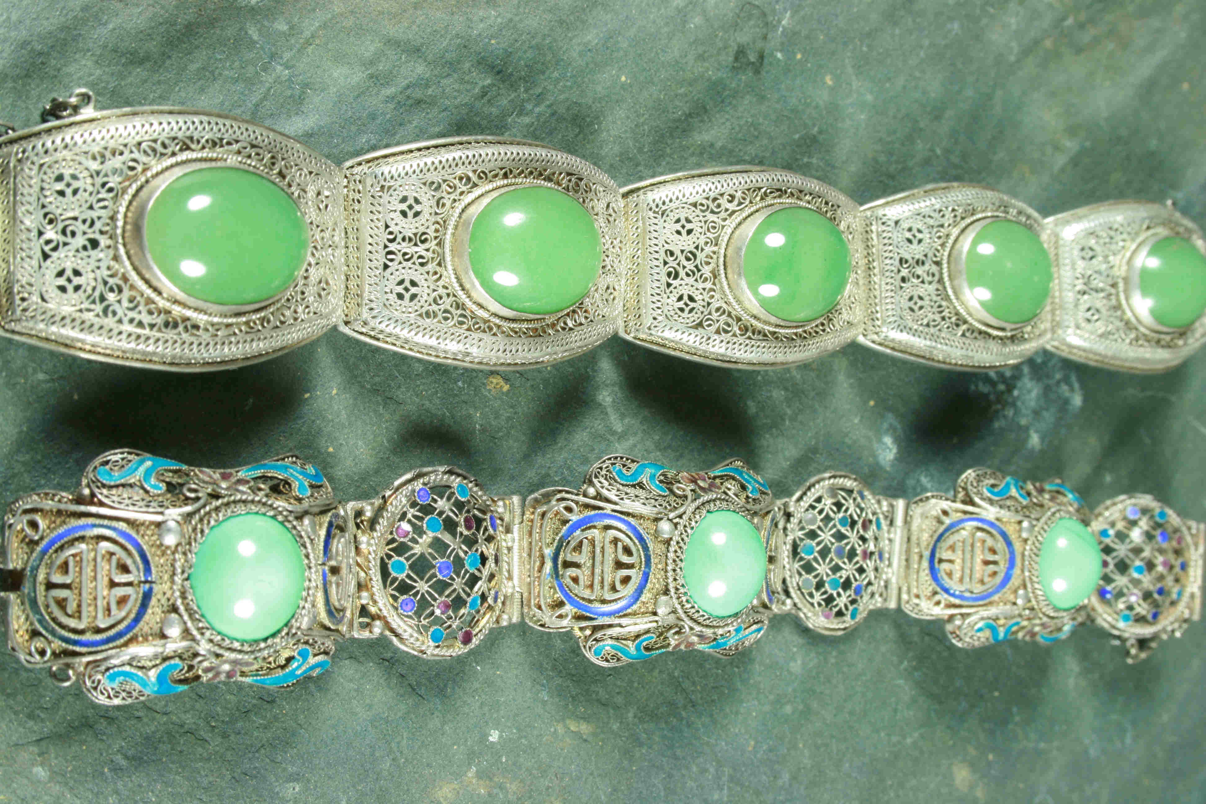 Two Chinese silver gem set bracelets,
