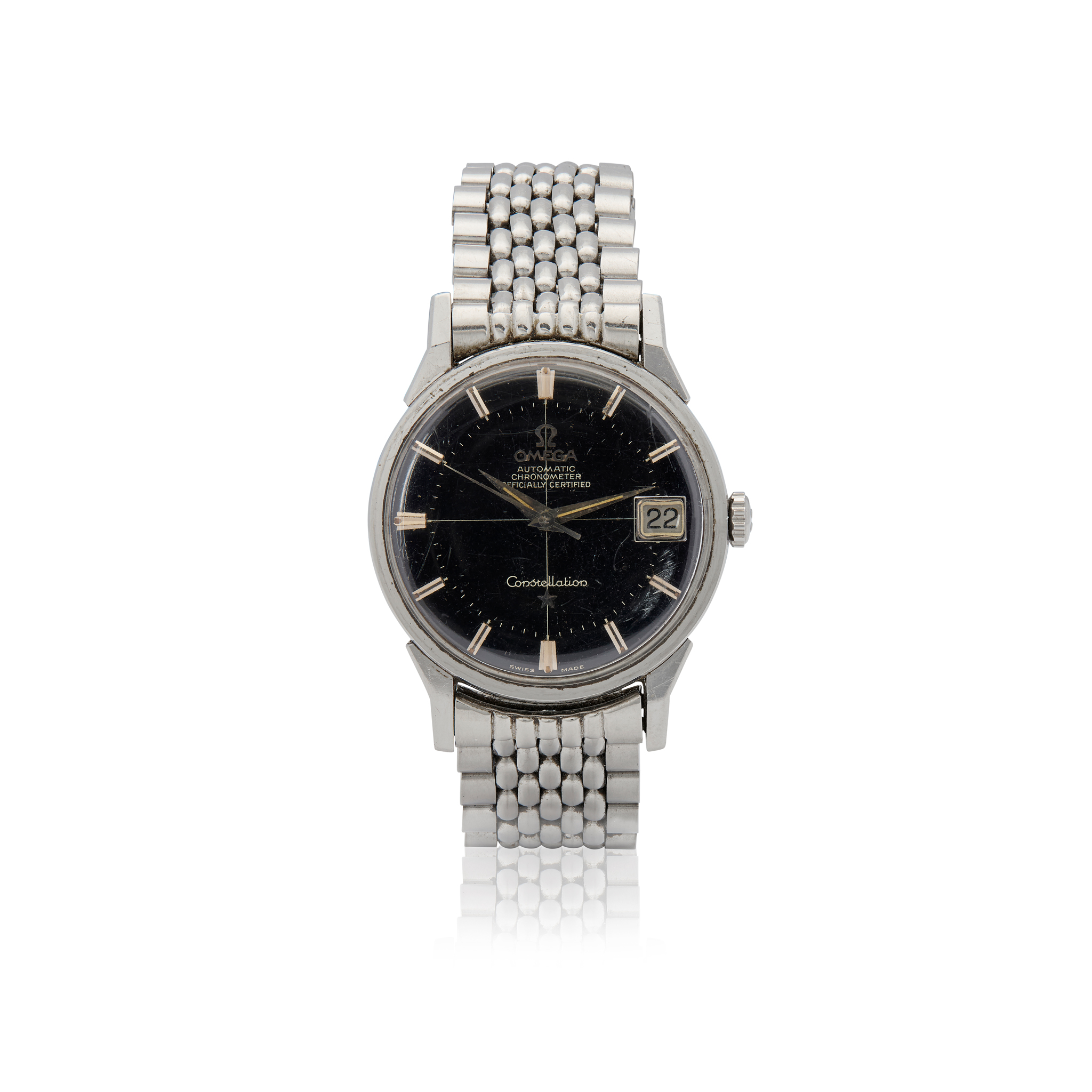 Omega. A fine stainless steel self-winding bracelet watch with black dial