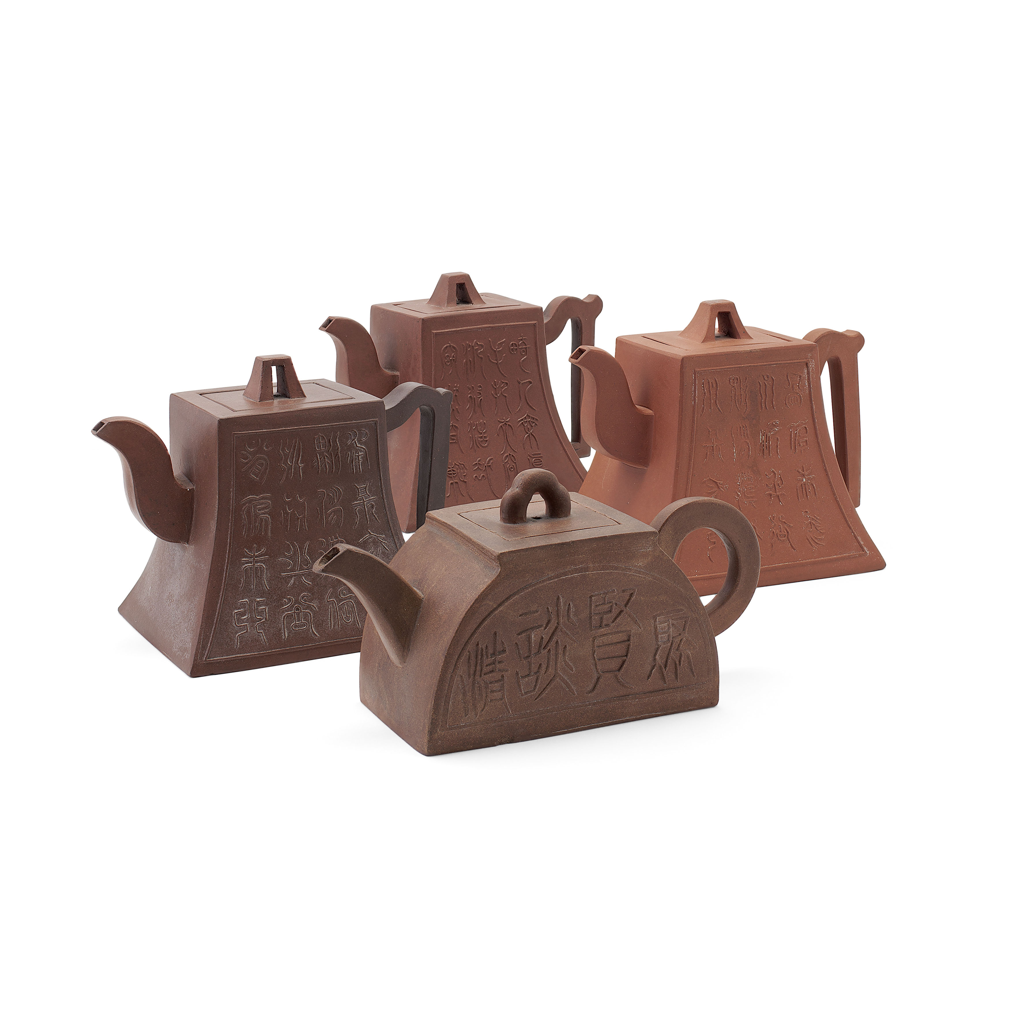 FOUR CHINESE YIXING ARCHAIC INSCRIBED TEAPOTS
