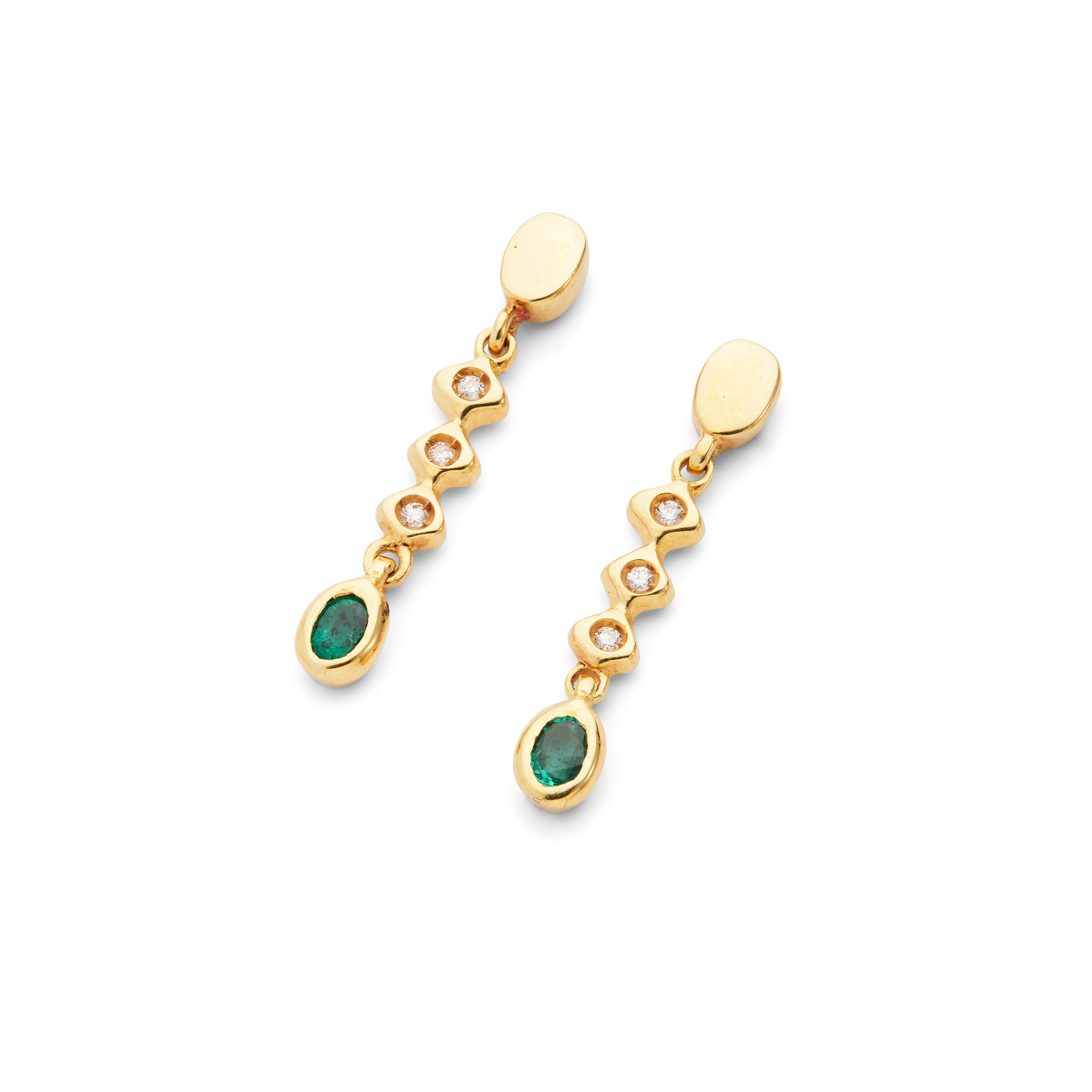 A pair of emerald and diamond pendent earrings