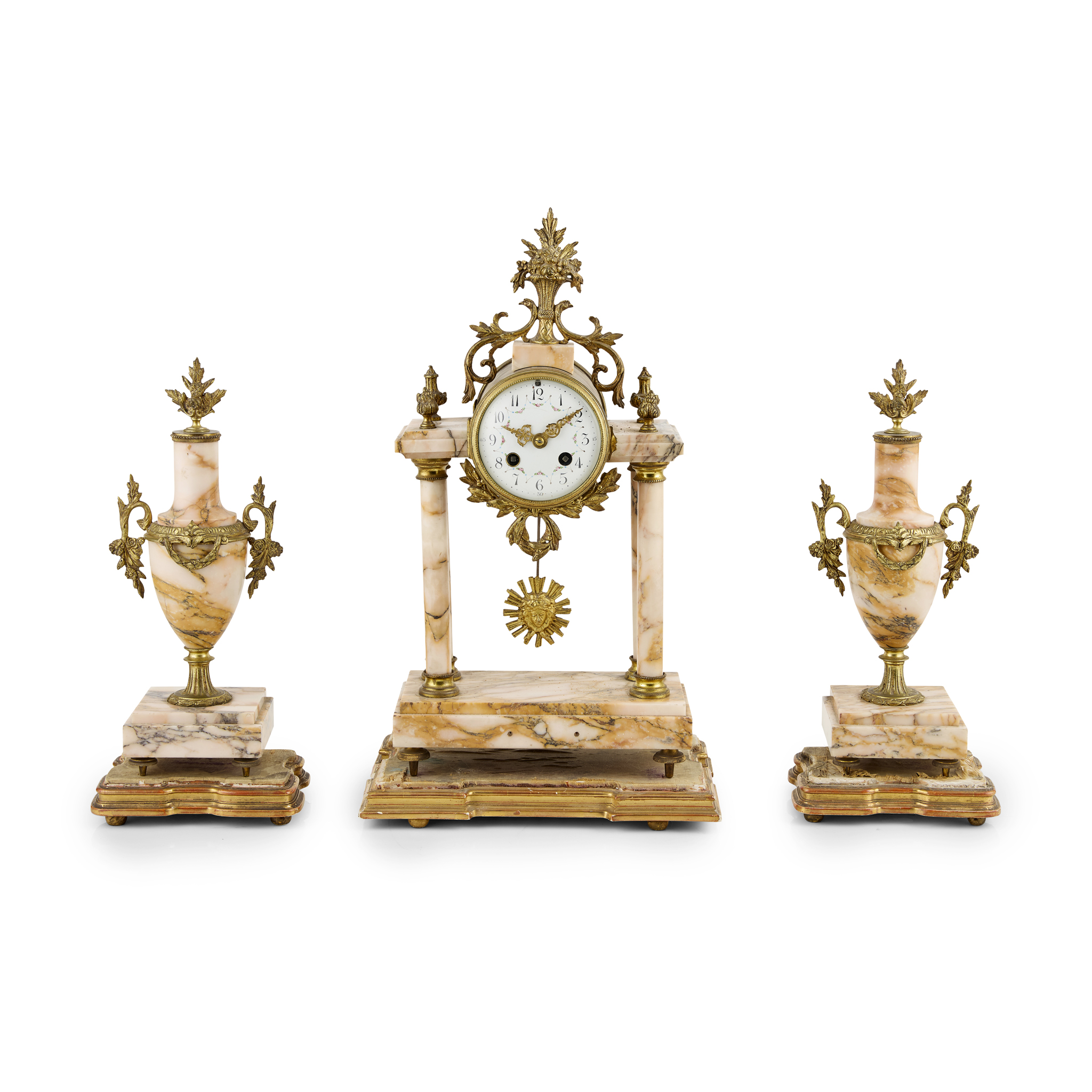 FRENCH GILT BRONZE AND MARBLE CLOCK GARNITURE