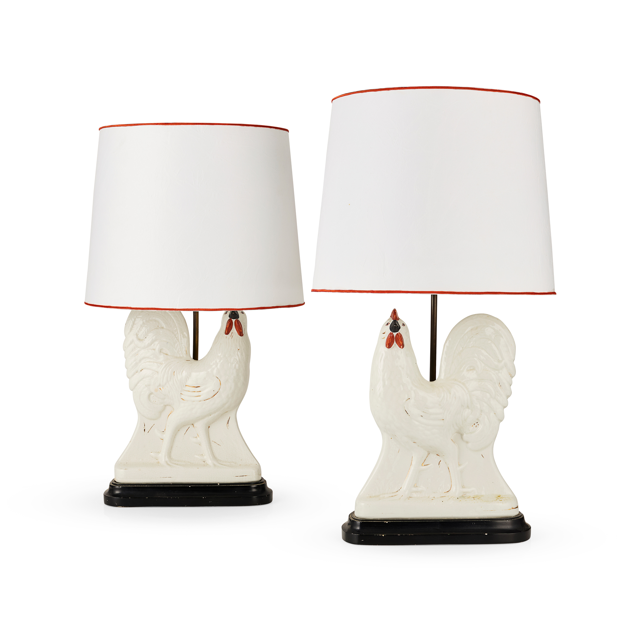PAIR OF STAFFORDSHIRE COCKERELS MOUNTED AS LAMPS