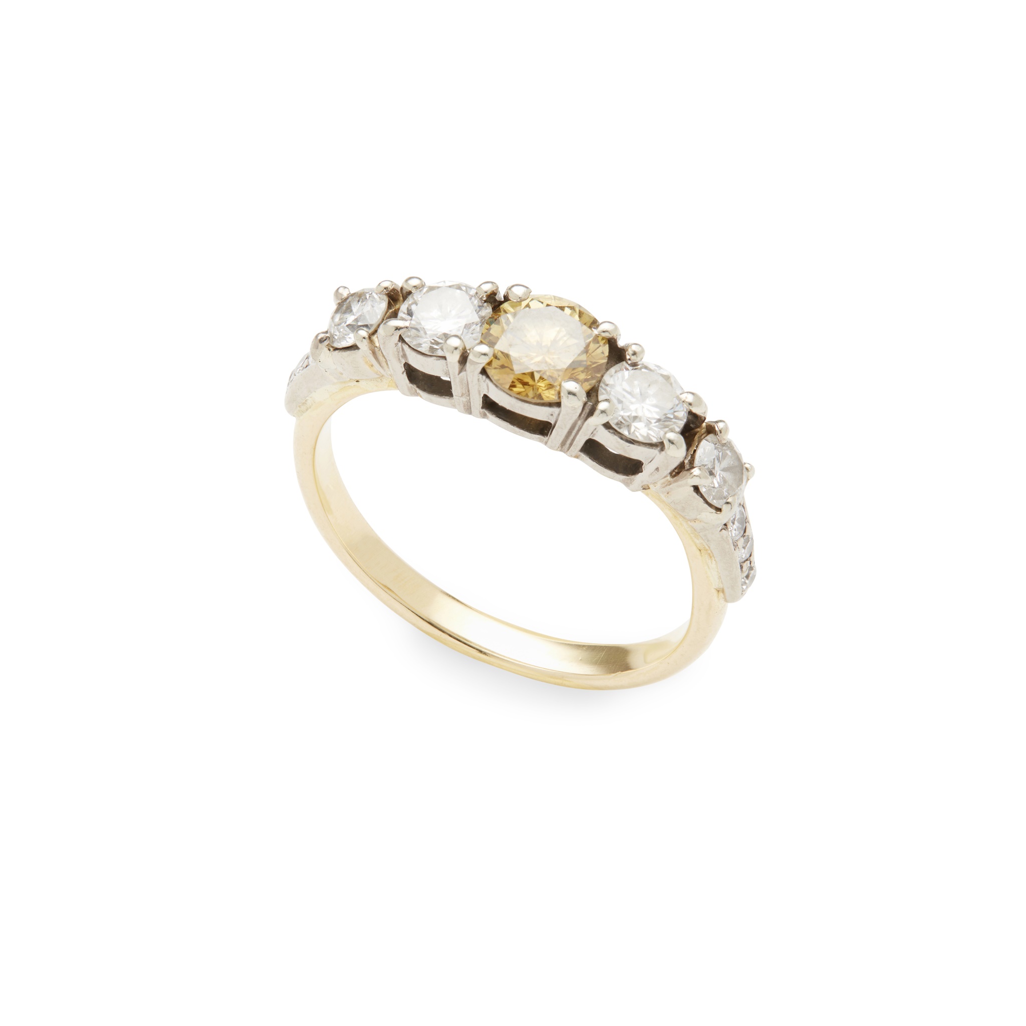 A yellow and colourless diamond five-stone ring