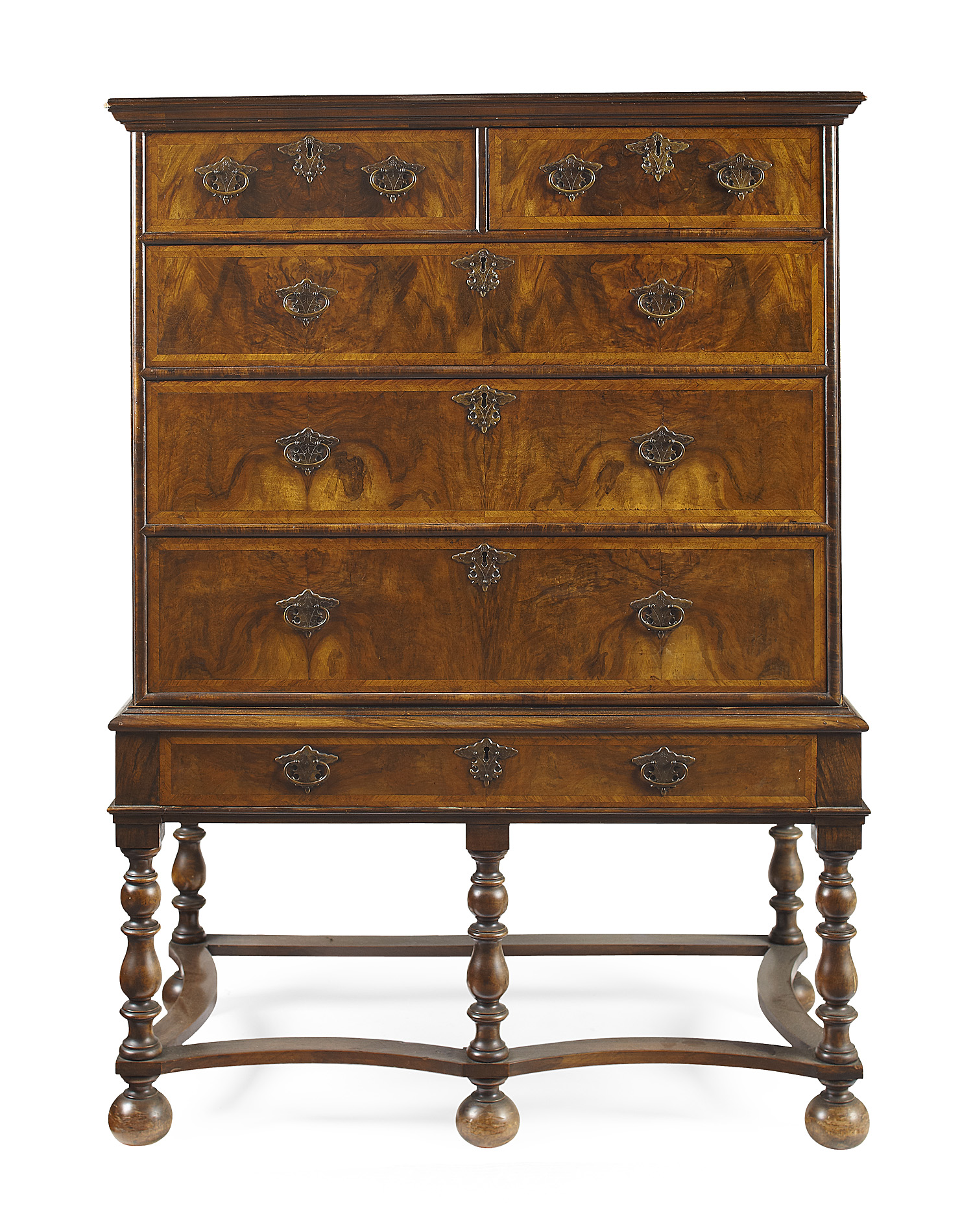 GEORGE I STYLE WALNUT AND FEATHER BANDED CHEST ON STAND