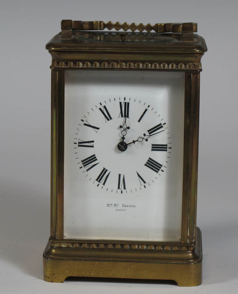 A brass cased repeater carriage clock Marked Wm. Mc. Gregor Paris