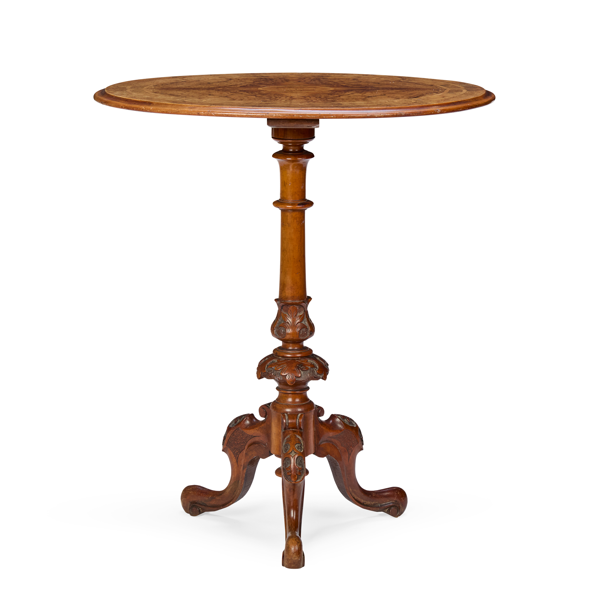 VICTORIAN BURR WALNUT AND MARQUETRY OVAL OCCASIONAL TABLE
