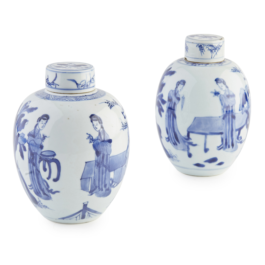 TWO BLUE AND WHITE 'LONG ELIZA' OVOID JARS AND COVERS