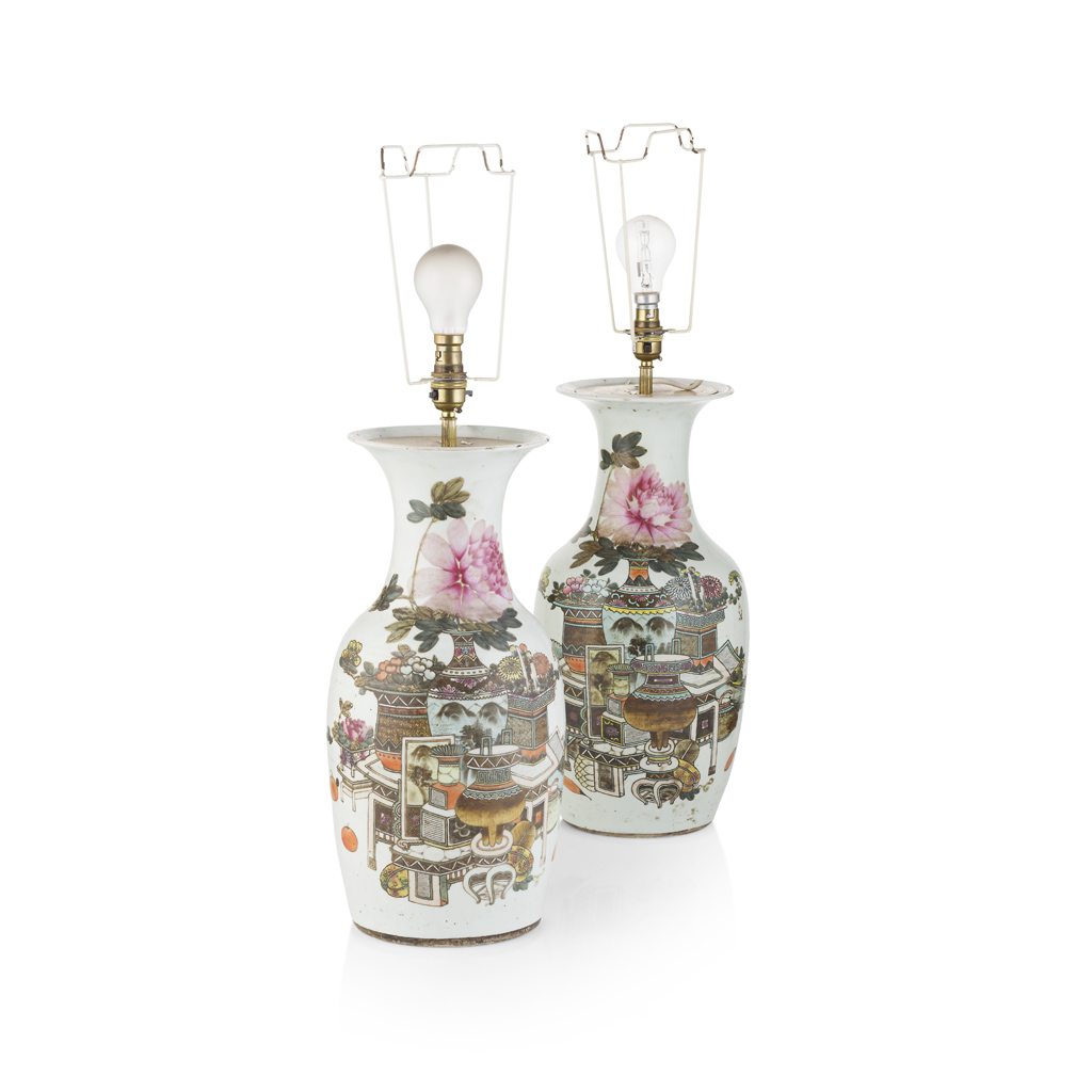PAIR OF QIANJIANG-ENAMELLED INSCRIBED VASES AS LAMPS