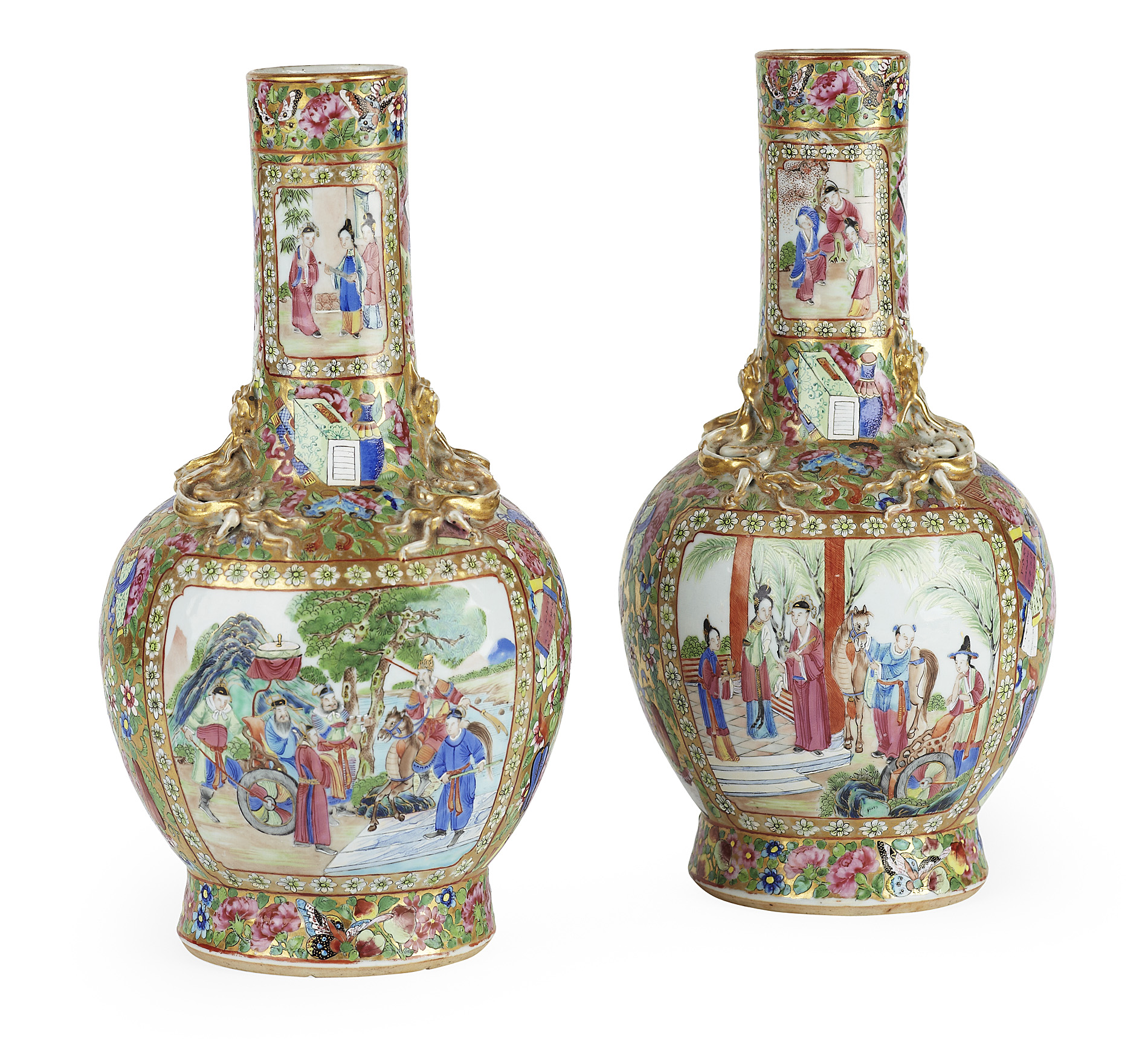 PAIR OF CHINESE CANTON BOTTLE VASES