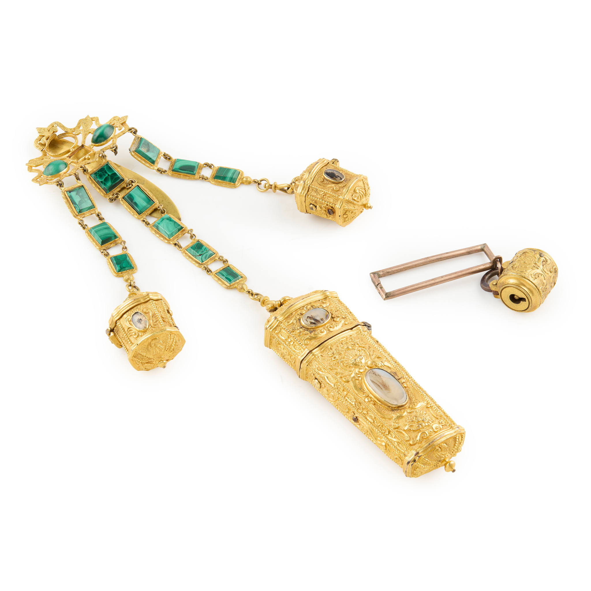 A LATE 19TH CENTURY CONTINENTAL SILVER-GILT CHATELAINE