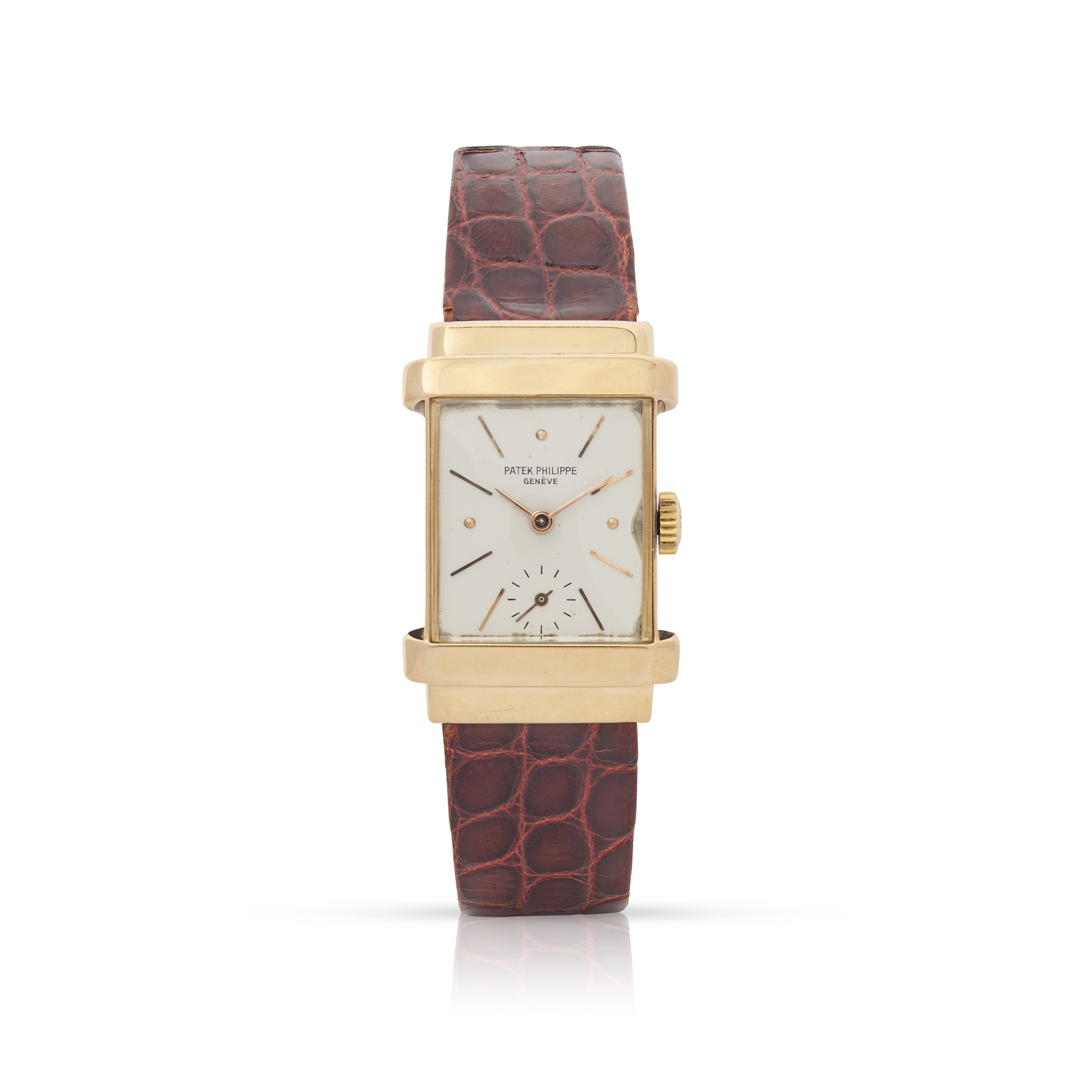 Patek Philippe. A fine and rare 18k pink gold rectangular mechanical wristwatch