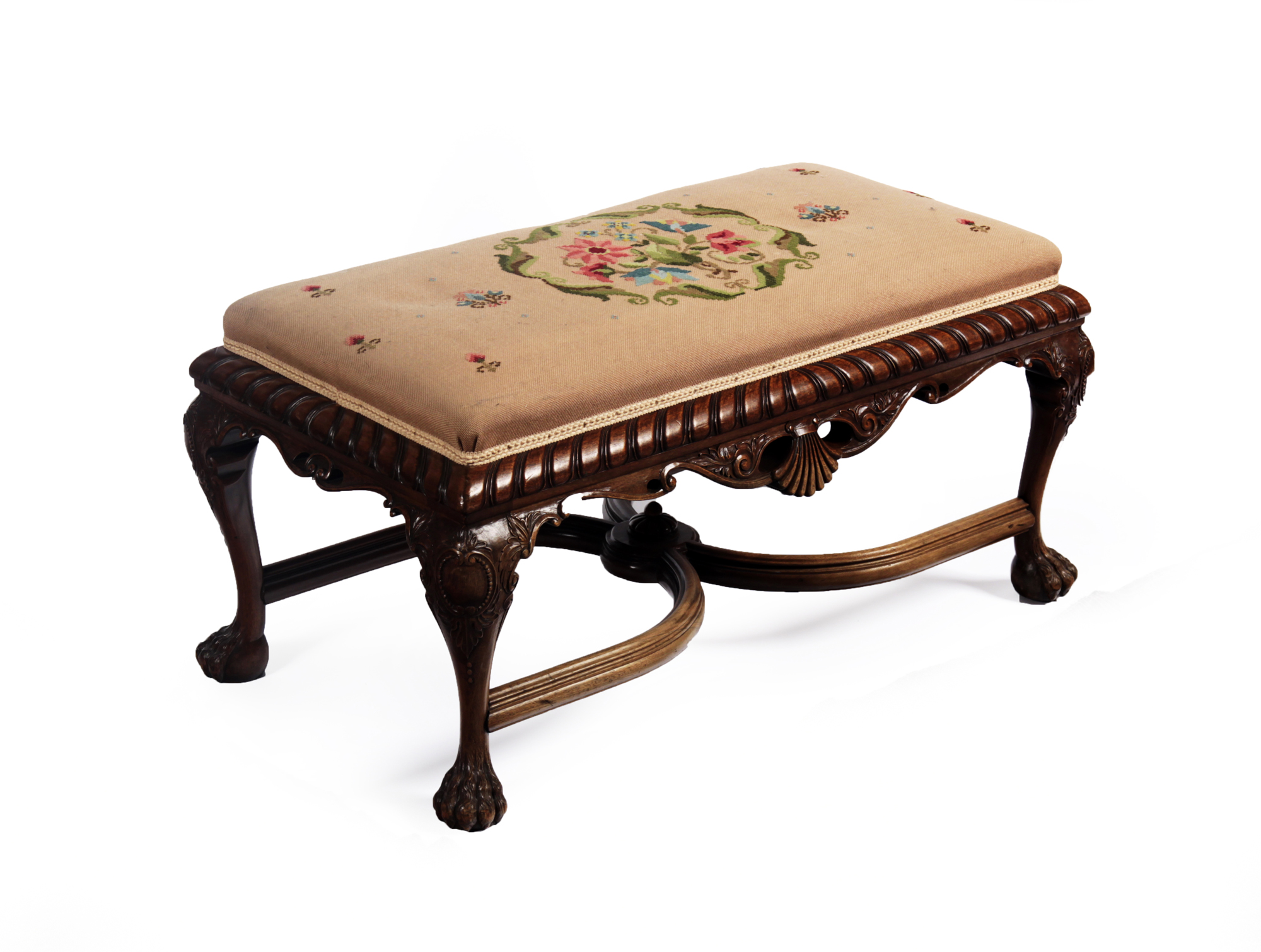 LARGE GEORGE II STYLE MAHOGANY FRAMED STOOL