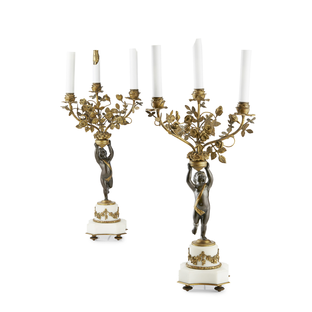 PAIR OF FRENCH GILT AND PATINATED BRONZE FIGURAL CANDELABRA